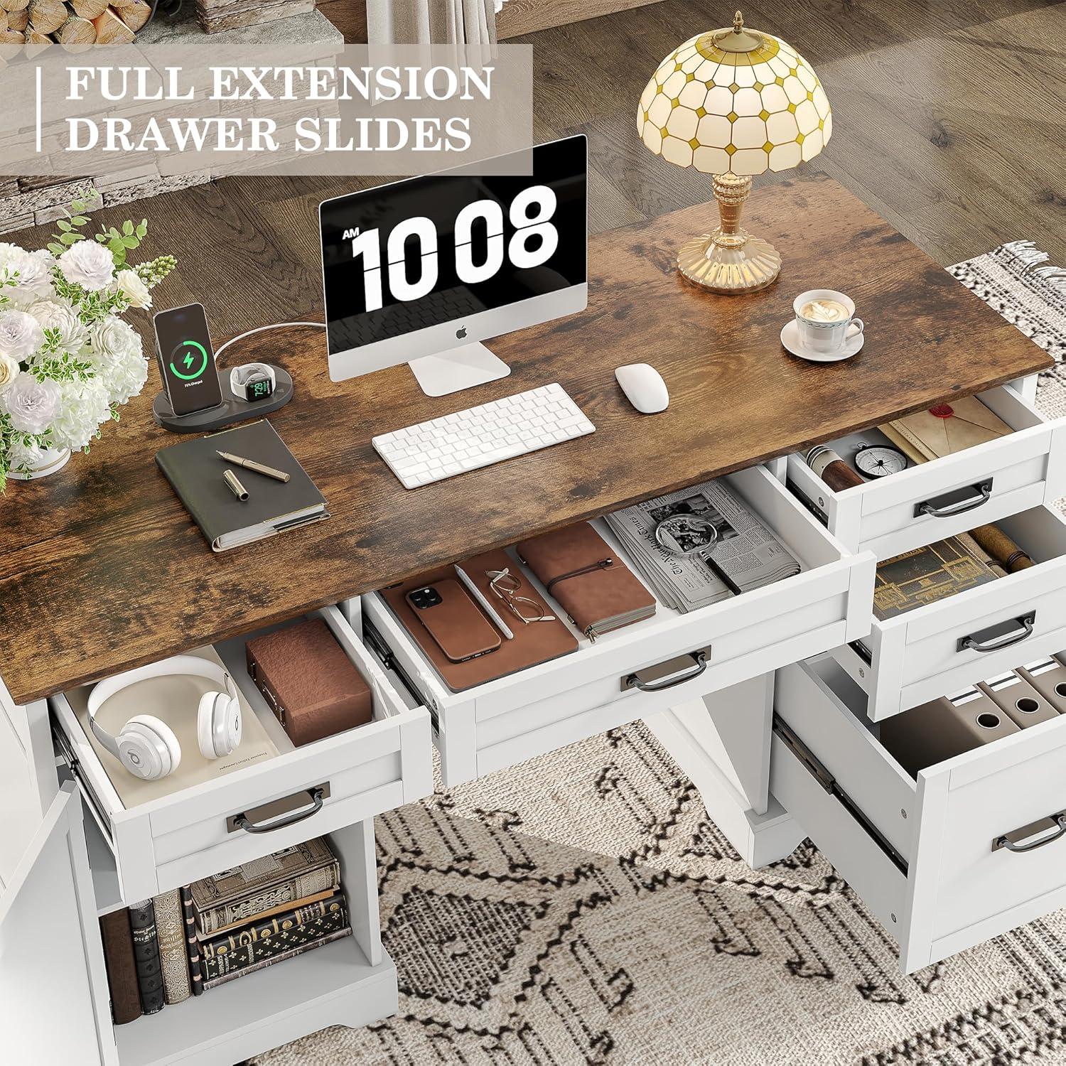 August Grove® 55'' Farmhouse Executive Desk with Drawers, File Cabinet and Power Outlets
