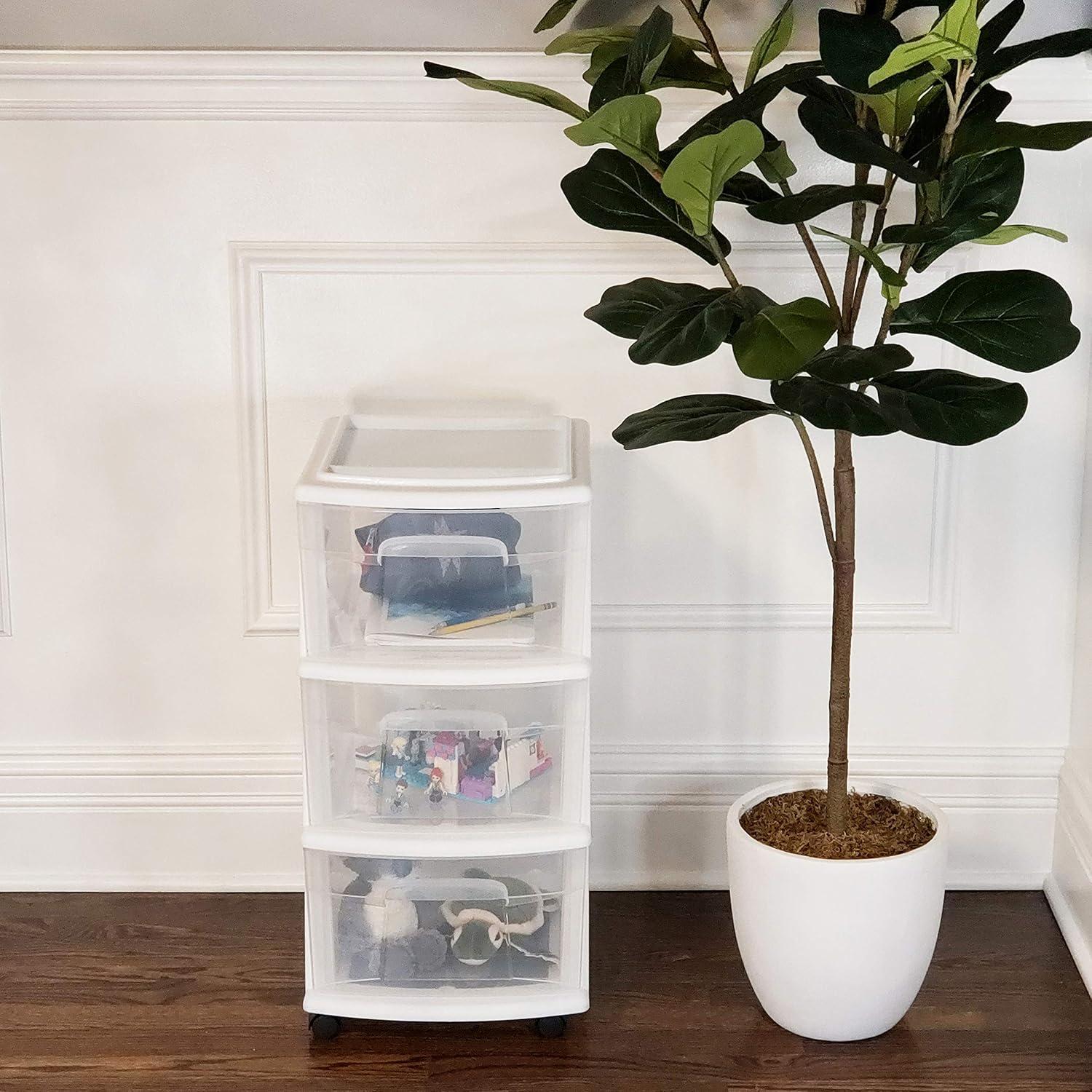 HOMZ Drawer Tower, 3-Tier Clear Plastic Storage Organizer Cart, White Frame - Heavy-Duty Organizing Drawers for Home, Bedroom, and Closet Organization