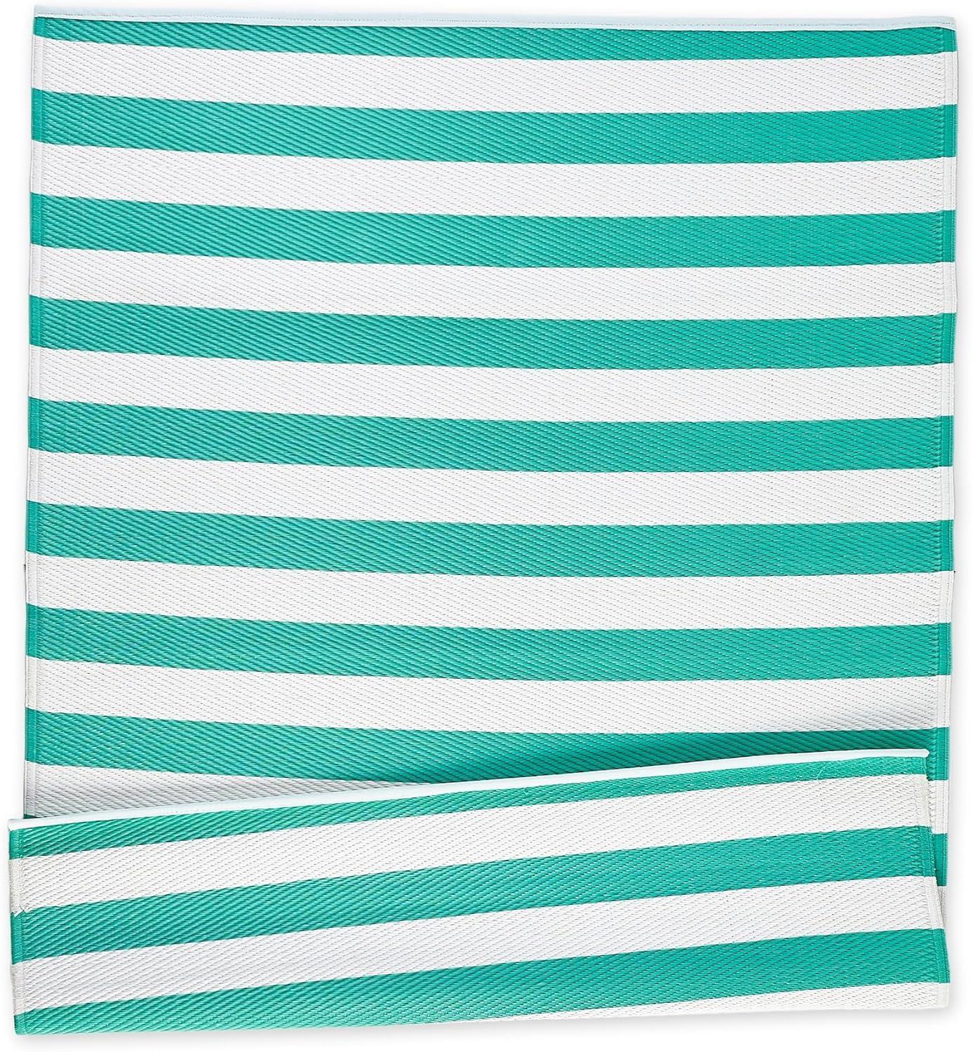 Reversible Aqua & White Striped Synthetic Outdoor Rug 4' x 6'