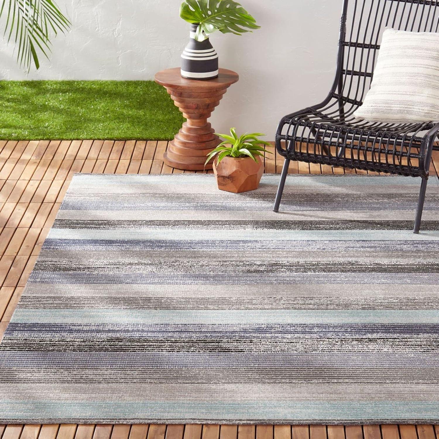 Gray and Blue Striped Synthetic Indoor/Outdoor Rug