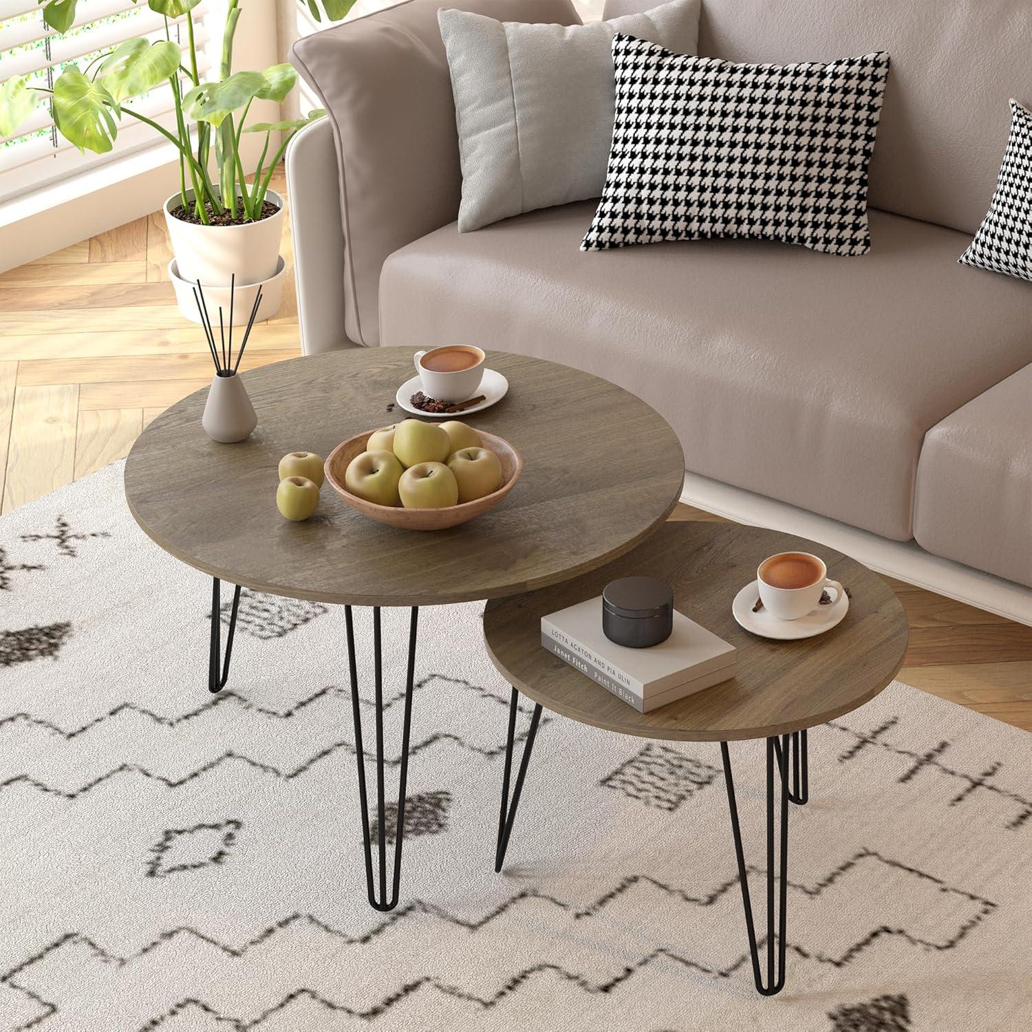 Yesfashion 27.56" Nesting Coffee Table Set Of 2, Modern Round Marble Pattern Wooden Side Tables With Metal Frame, Circular Nesting End Table Set For Living Room