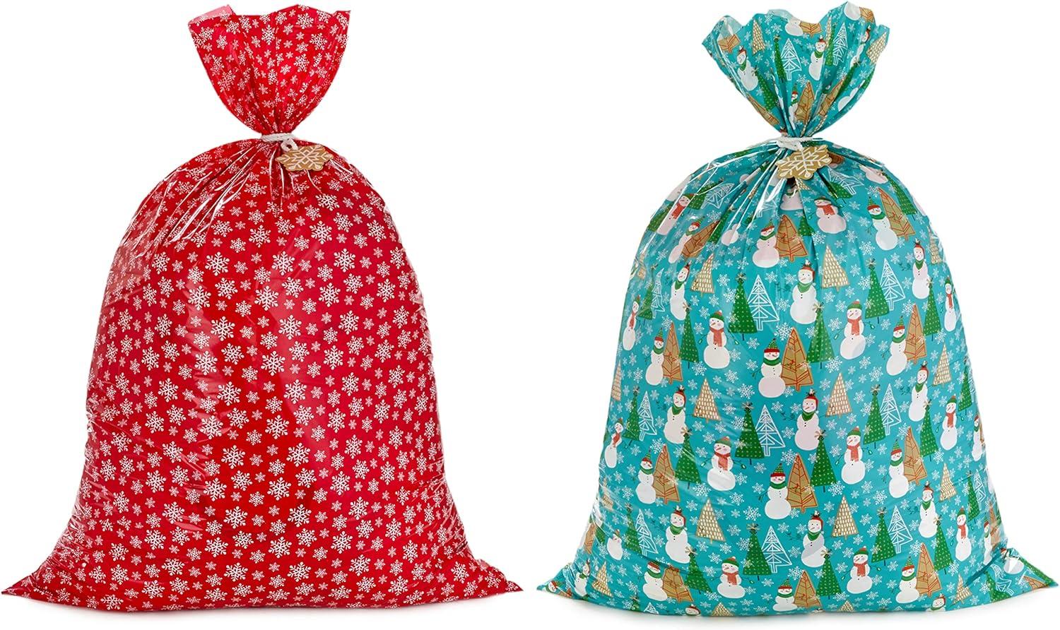 Jumbo Red and Blue Holiday Gift Bags with Snowflakes and Snowmen