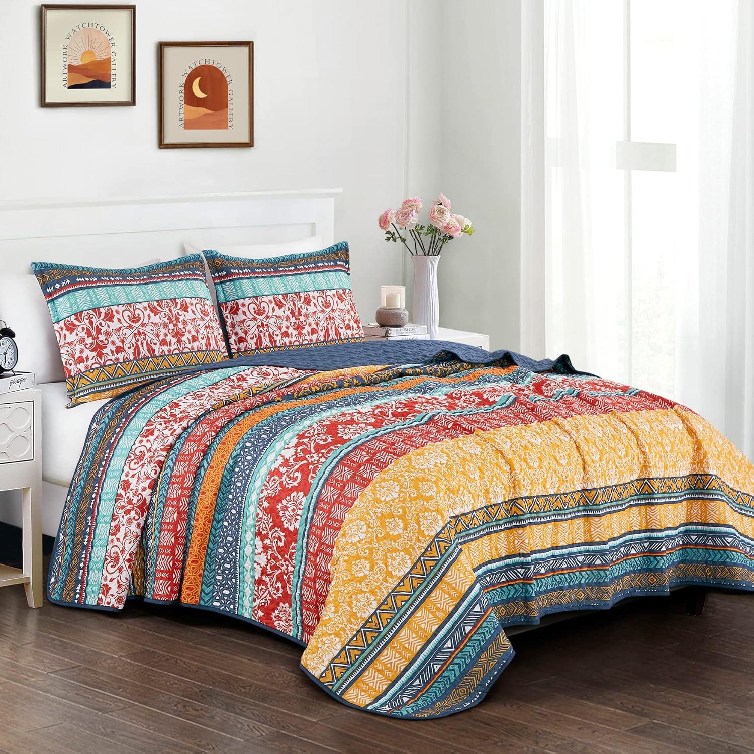 Amara Boho Floral Red/Yellow/White Quilt Set