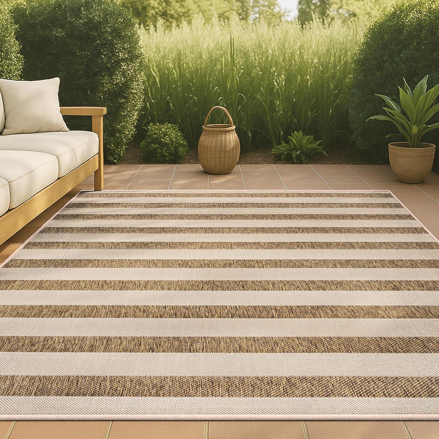 3'x5' Aveiro Wide Stripe Indoor/Outdoor Area Rug, Beige/Brown - JONATHAN Y