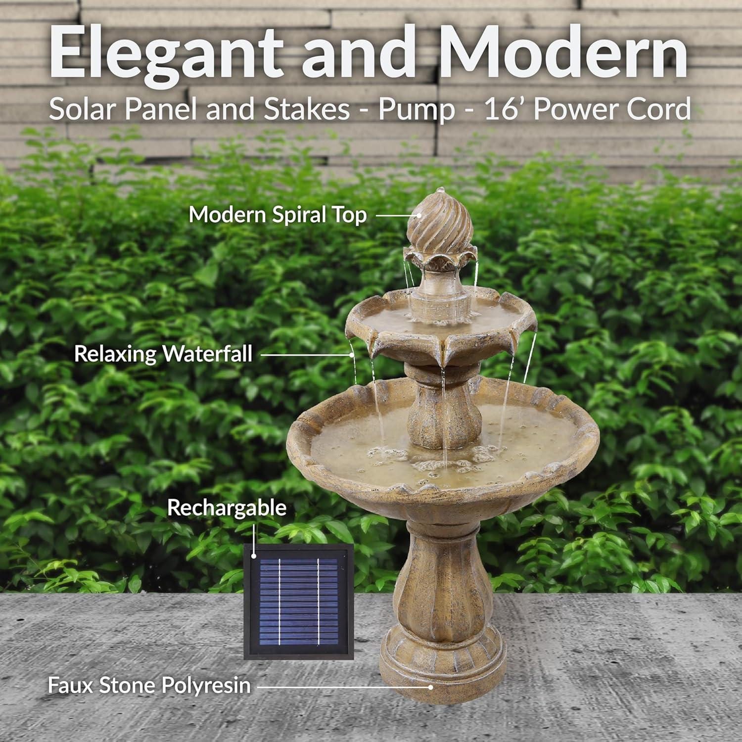 Sunnydaze Outdoor 2-Tier Solar Powered Water Fountain with Battery Backup and Submersible Pump - 35" - Earth Finish