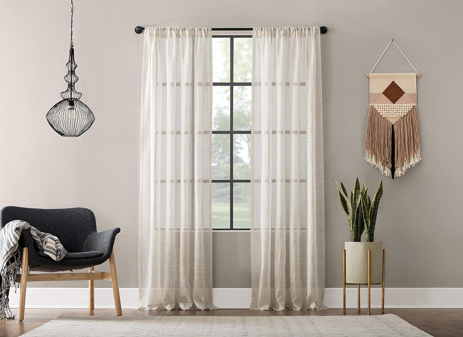 Clean Window Textured Slub Anti-Dust Striped Semi-Sheer Rod Pocket Curtain Panel