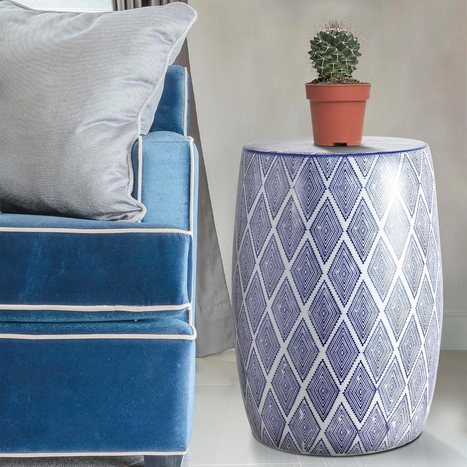 Moroccan Diamonds 18" Ceramic Drum Garden Stool, Blue/White - JONATHAN Y