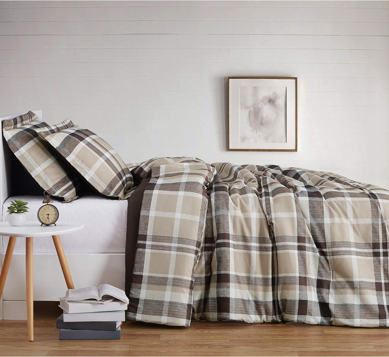 Taupe Plaid Microfiber Full Comforter Set with Shams