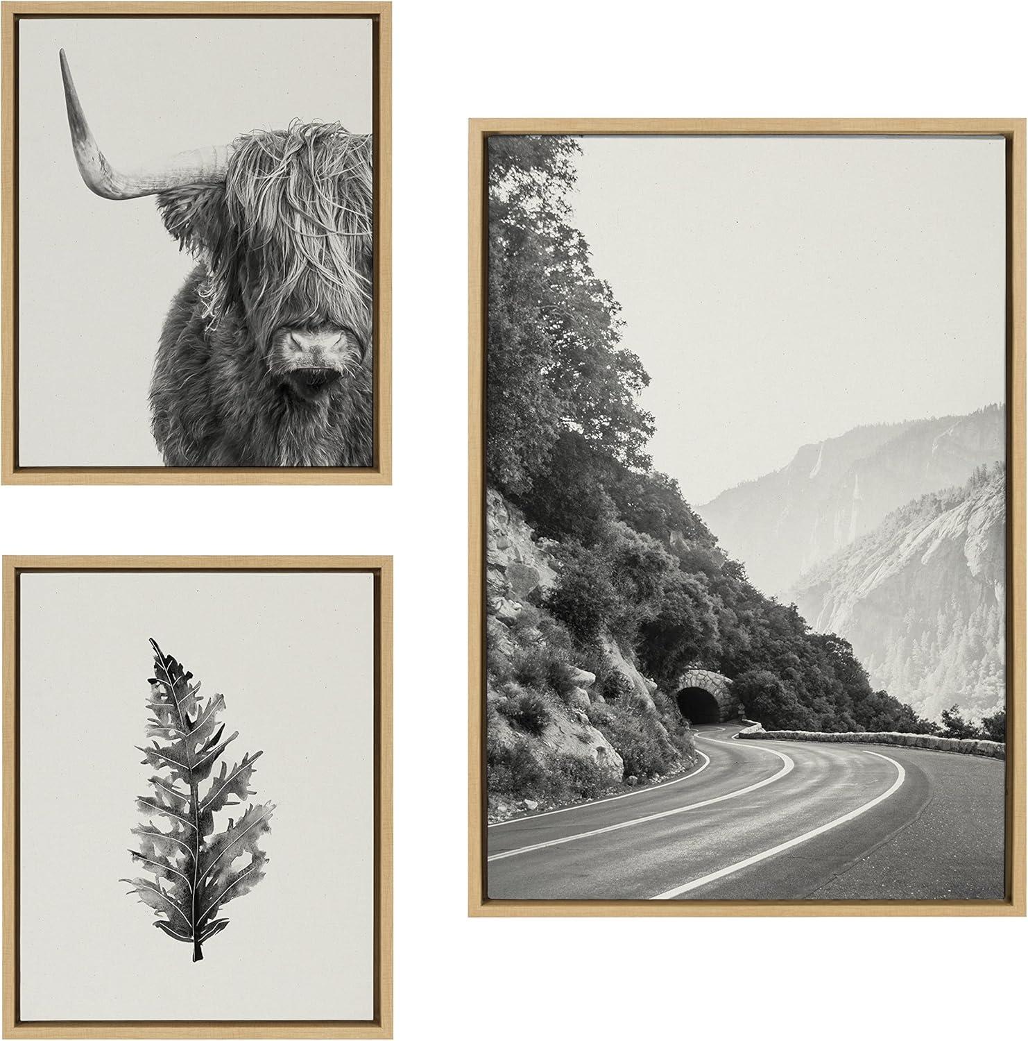 Highland Cow and Botanical Black and White Framed Canvas Art Set