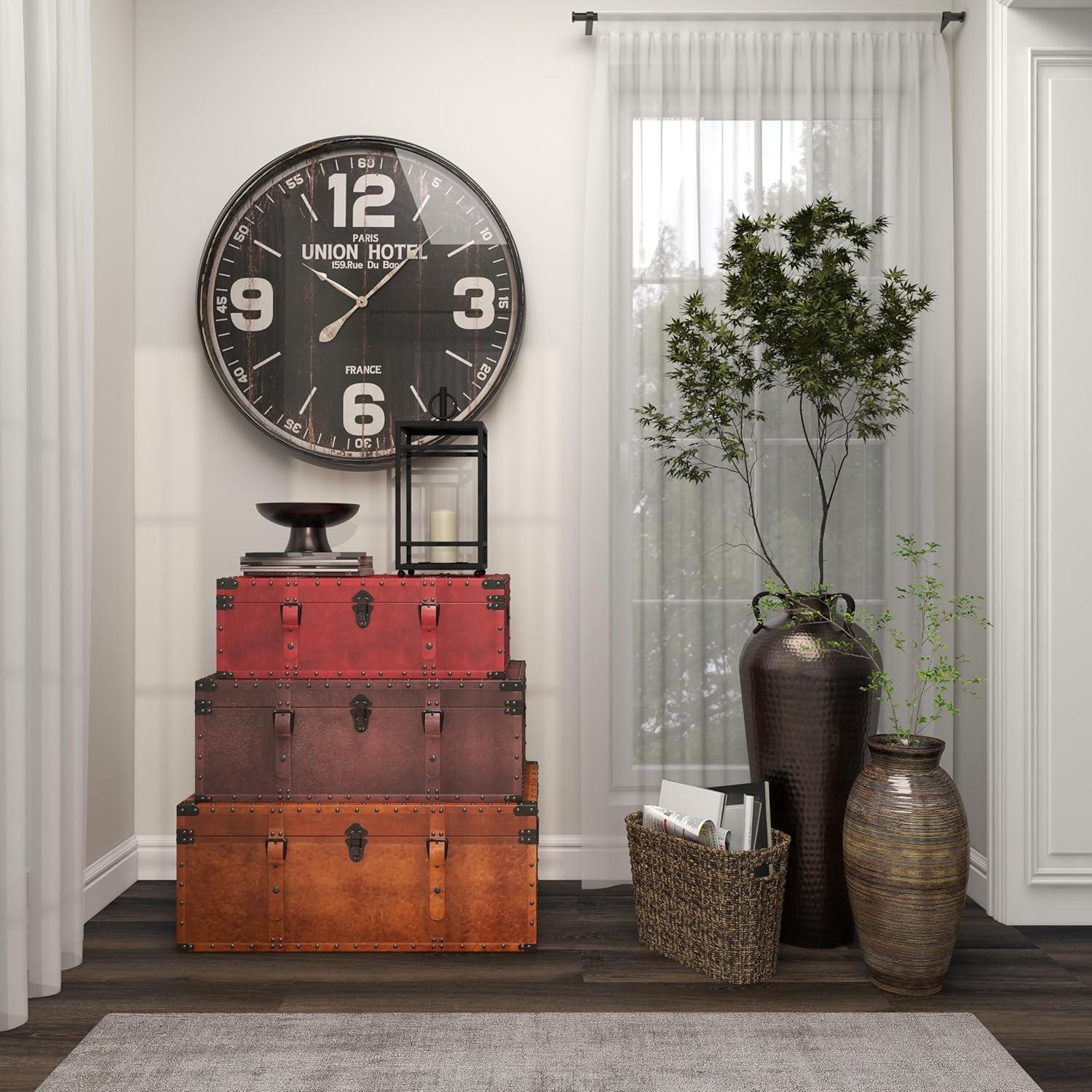 DecMode Rustic Wood Stacked Style Storage Trunk, Set of 3 32", 29", 26"W with Red, Taupe Brown, and Tan Finish