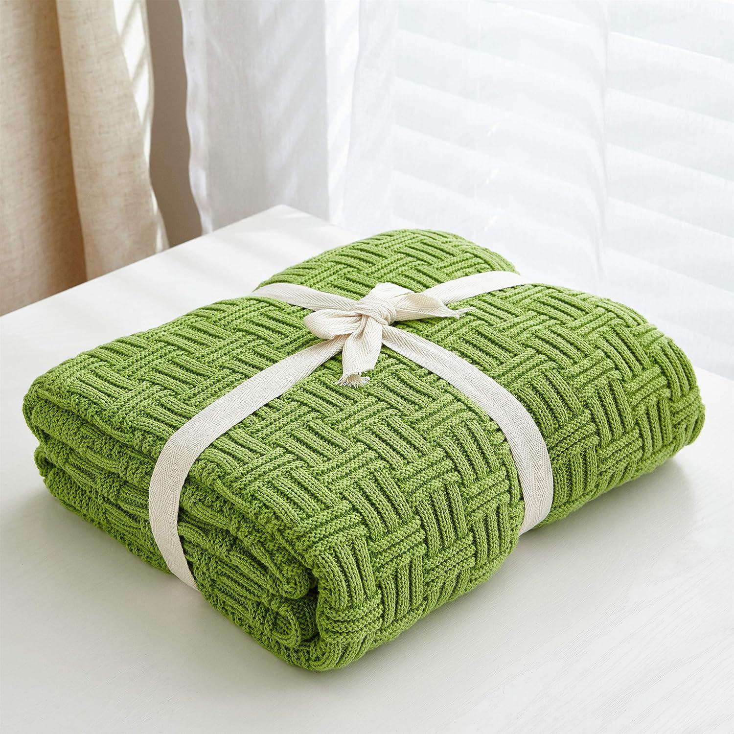 Longhui bedding Cotton Cable Green Knit Throw Blanket for Couch Chairs Bed Beach, Home Decorative Throws Blankets, 50 x 60 Inch, 2.2lb
