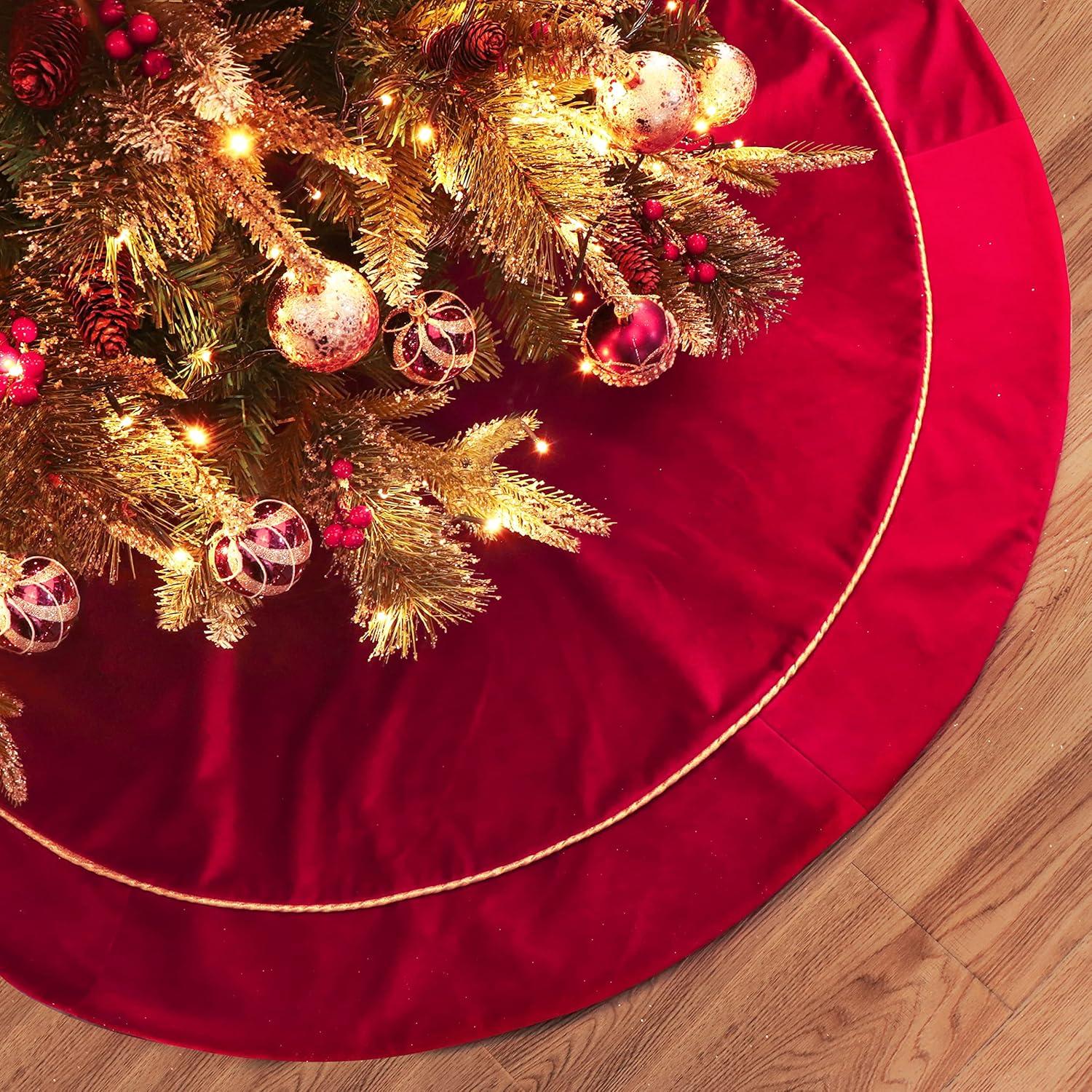 Christmas Tree Skirt, 48 inches Red Luxury Velvet Plush Fur Skirts with Gold Embroidered Holly Leaf for Rustic Xmas Tree Holiday Decorations