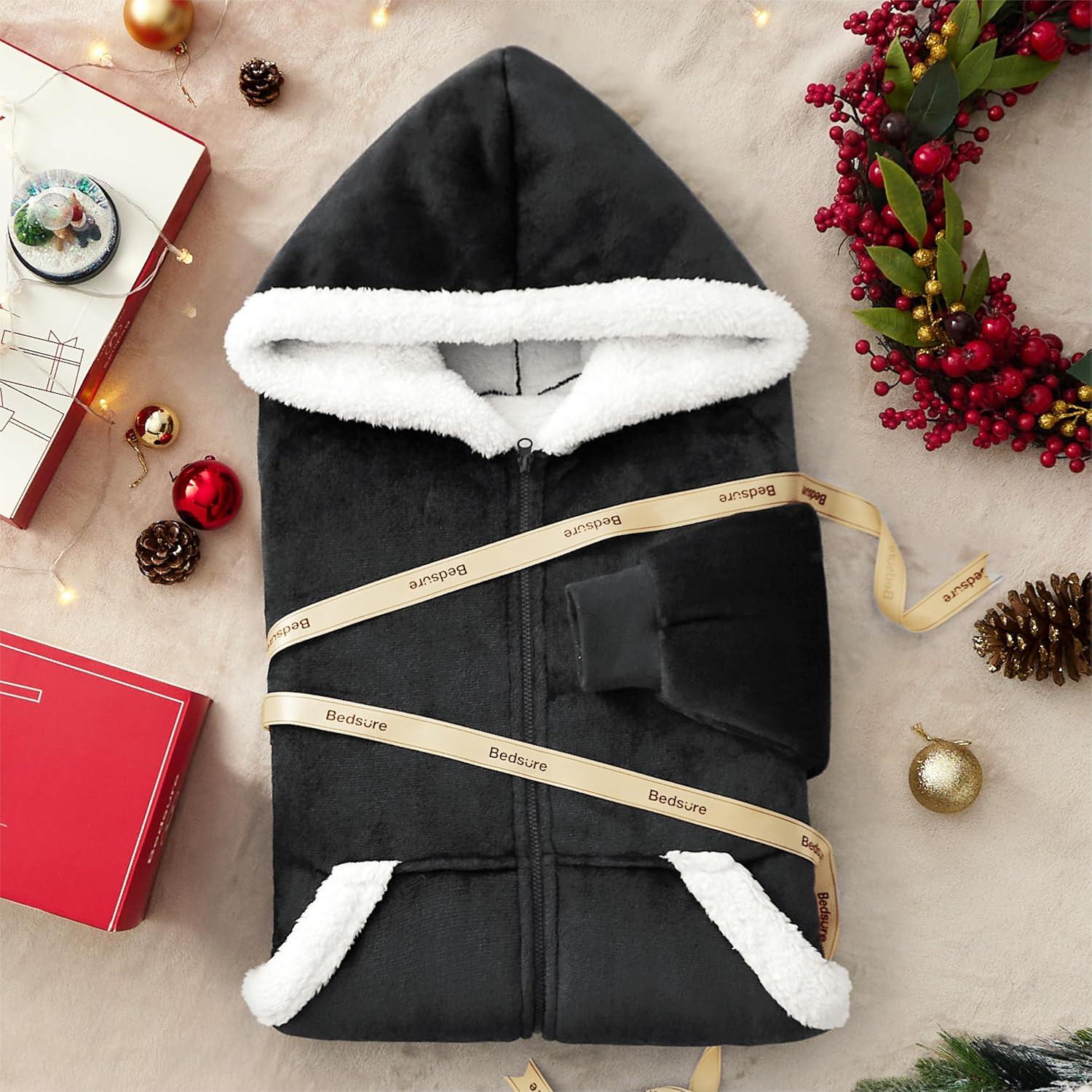 Bedsure Blanket Hoodie, Wearable Blanket for Adults & Kids as Gifts for Women Men, Birthday Gifts for Women Mom Girl Sherpa Oversized Hoodie, Black, Standard