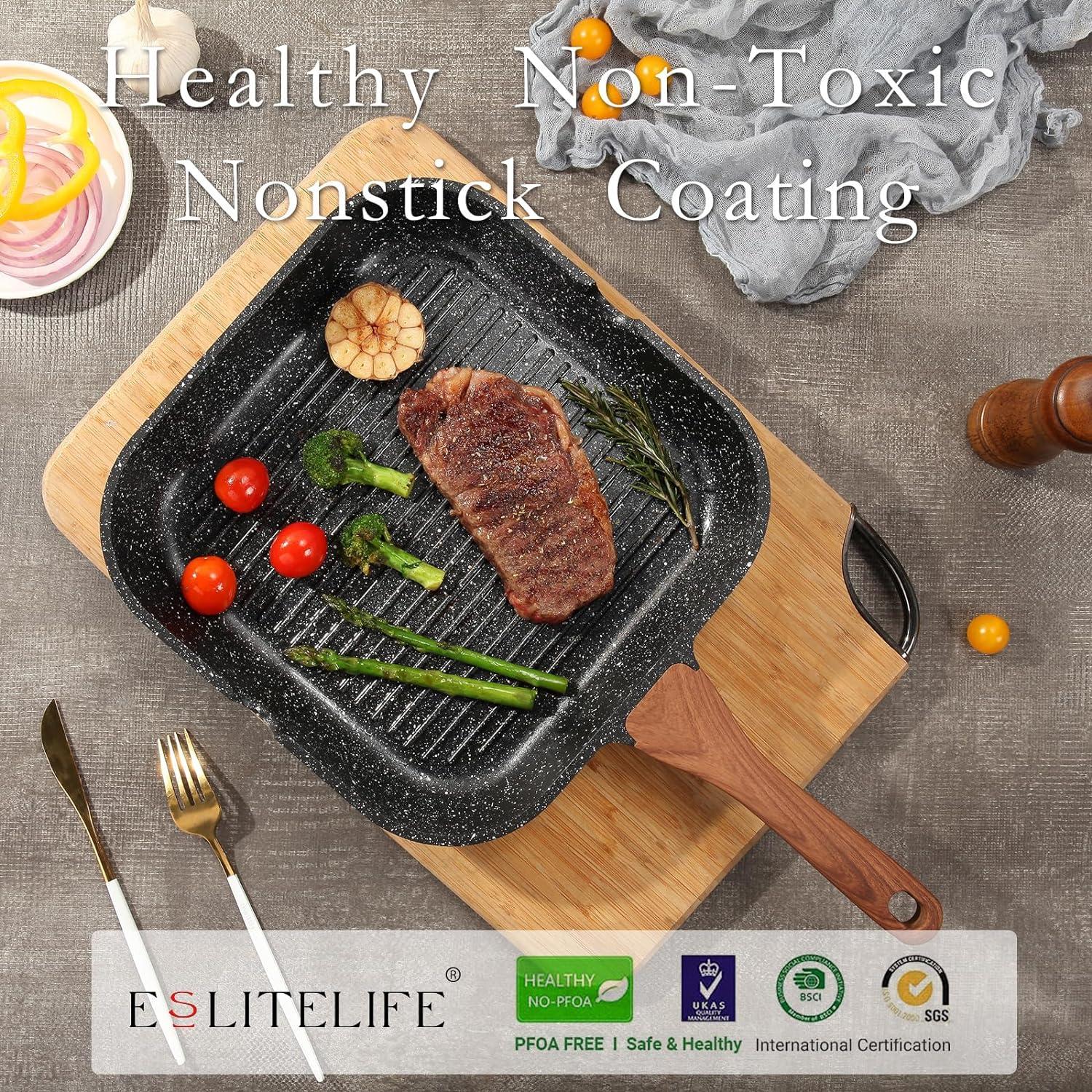 Black Nonstick Granite Coating Square Grill Pan with Wooden Handle