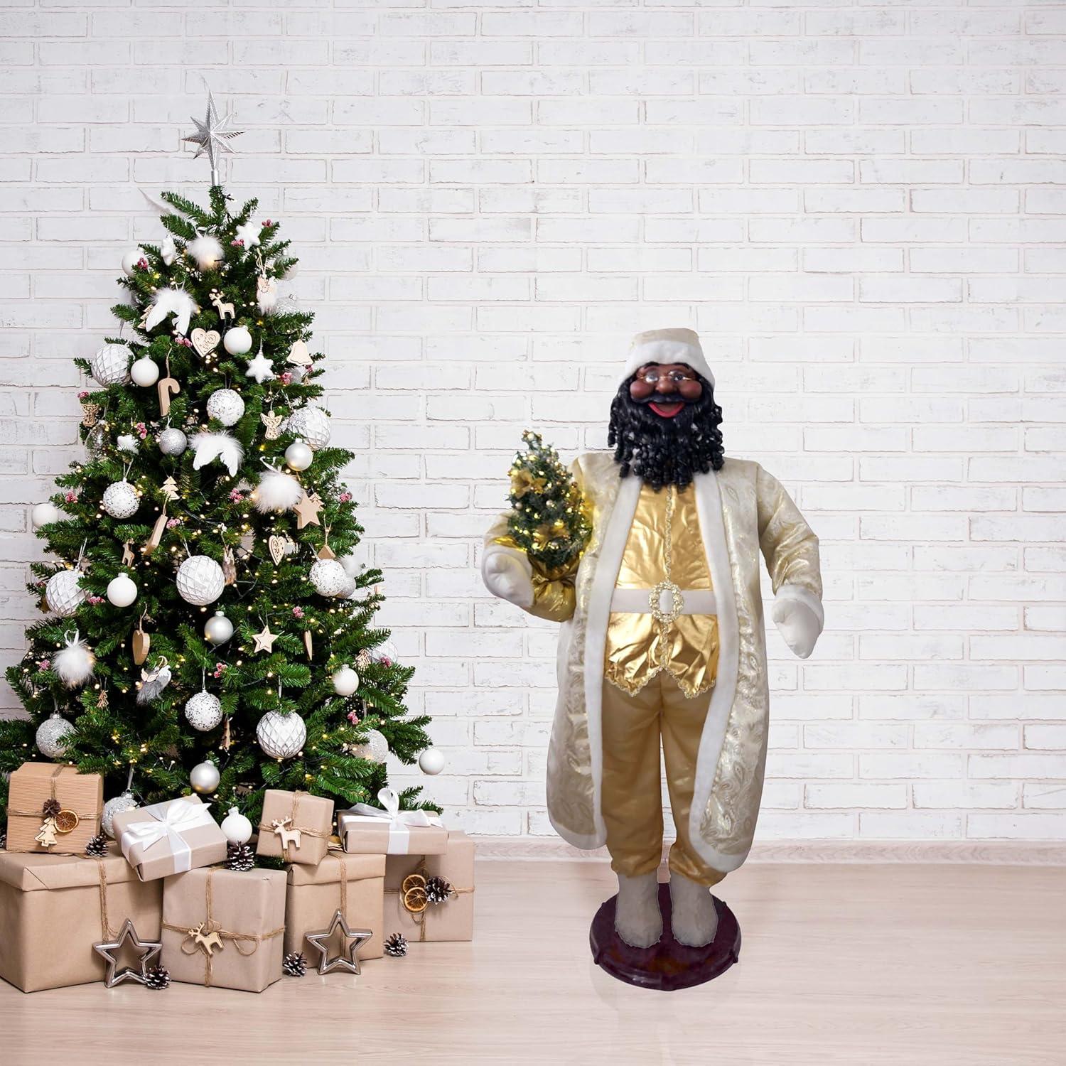 Fraser Hill Farm Life Size 58-in. Dancing African American Santa Animatronic in Gold Coat