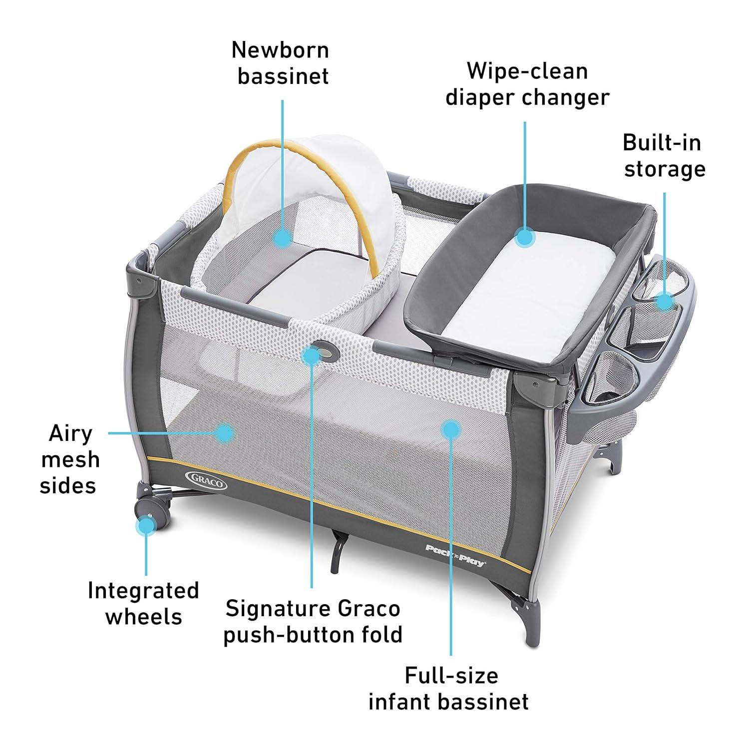 Gray and White Portable Bassinet Playard with Storage