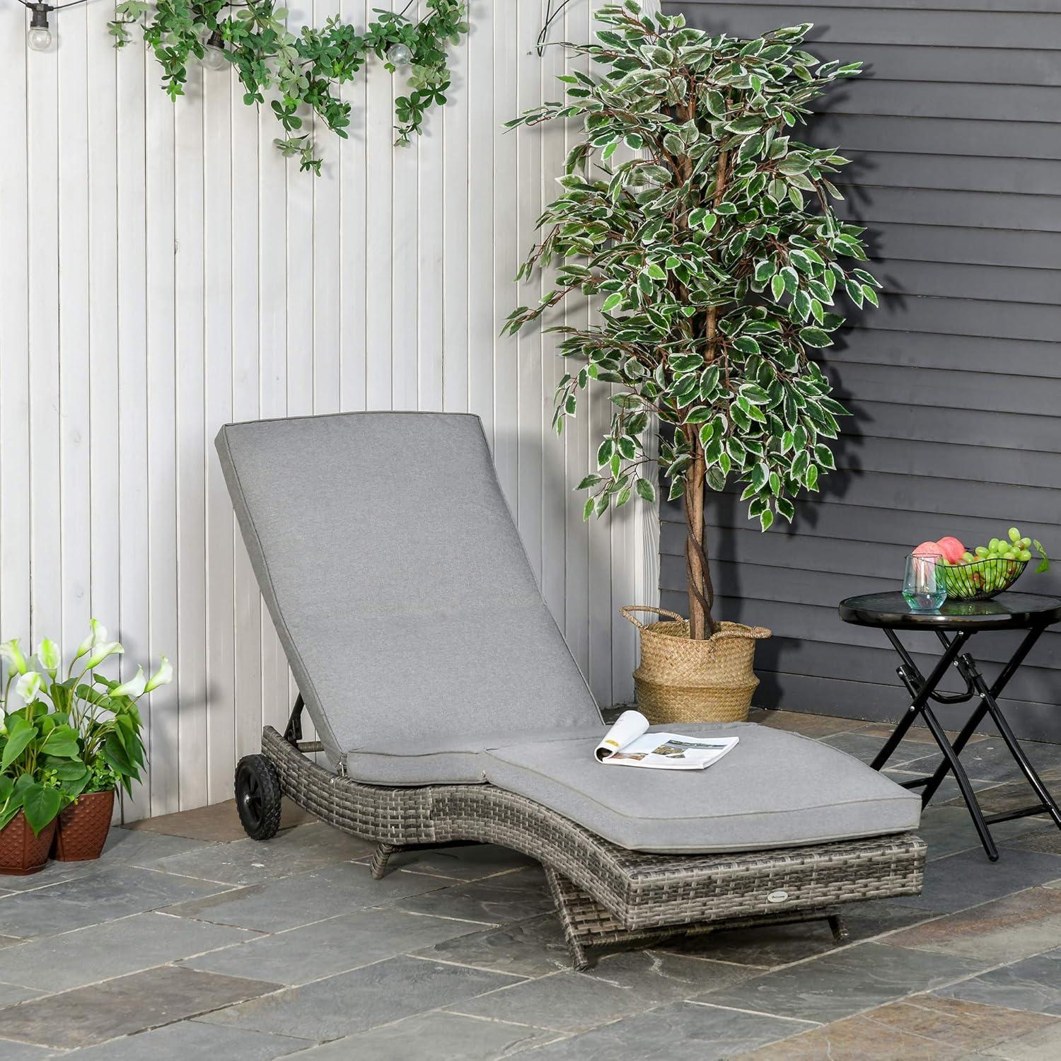Outsunny Patio Wicker Chaise Lounge Chair, Outdoor PE Rattan Sun lounger w/ 5-Level Adjustable Backrest & 2 Wheels for Easy Movement, Mixed Gray