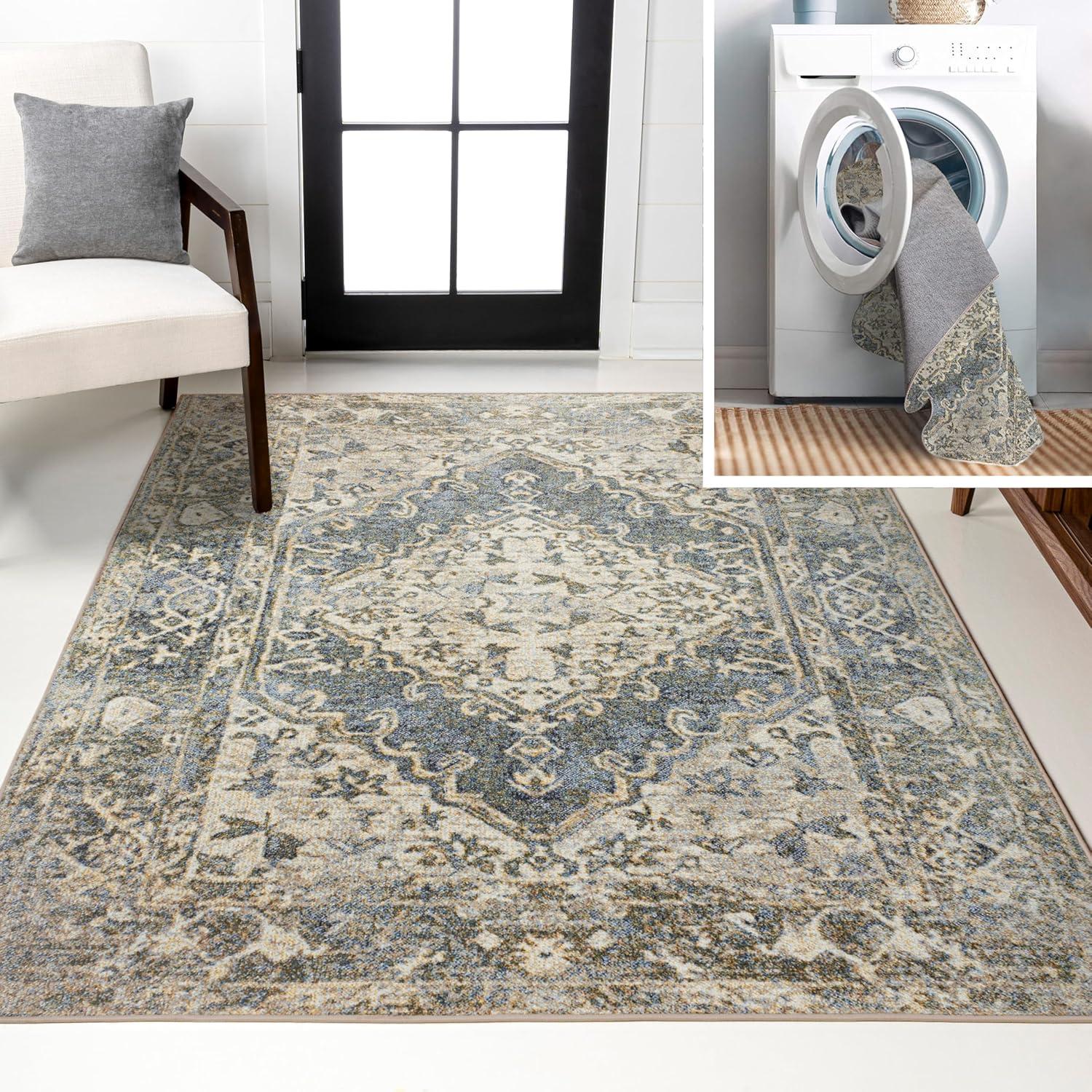 JONATHAN Y Pavel Distressed Medallion Low-Pile Machine-Washable Blue/Cream 4 ft. x 6 ft. Area Rug