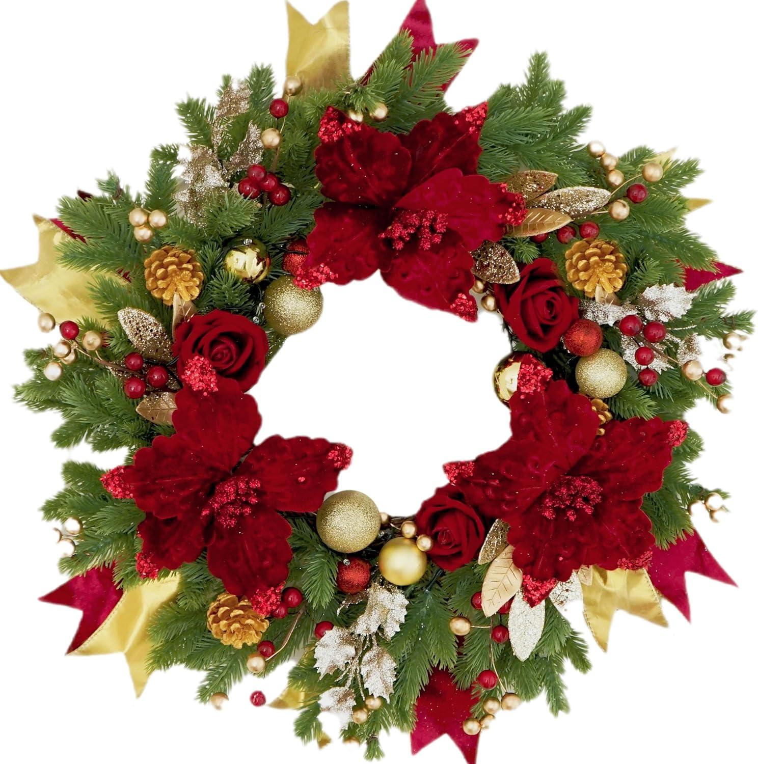 Wreaths for Front Door,Winter Wreaths for Indoor and Outdoor Decorations,Door Wreath with Red Flowers and Golden Ball,Pine Cones,Leaves,Ribbons,Berries for Decor