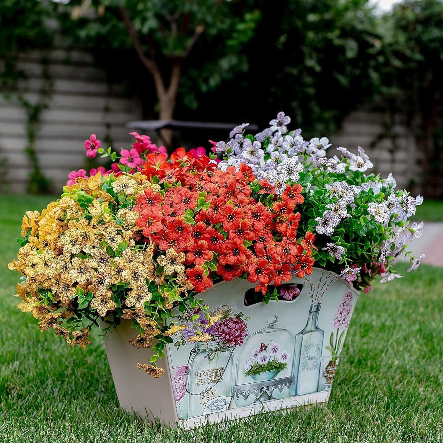 Artificial Flowers for Outdoors Fake Plants - 16 Bundles Faux Outside Greenery Boxwood UV Resistant No Fade Plastic Shrubs Fall Decor Farmhouse Home Garden Mums (White)