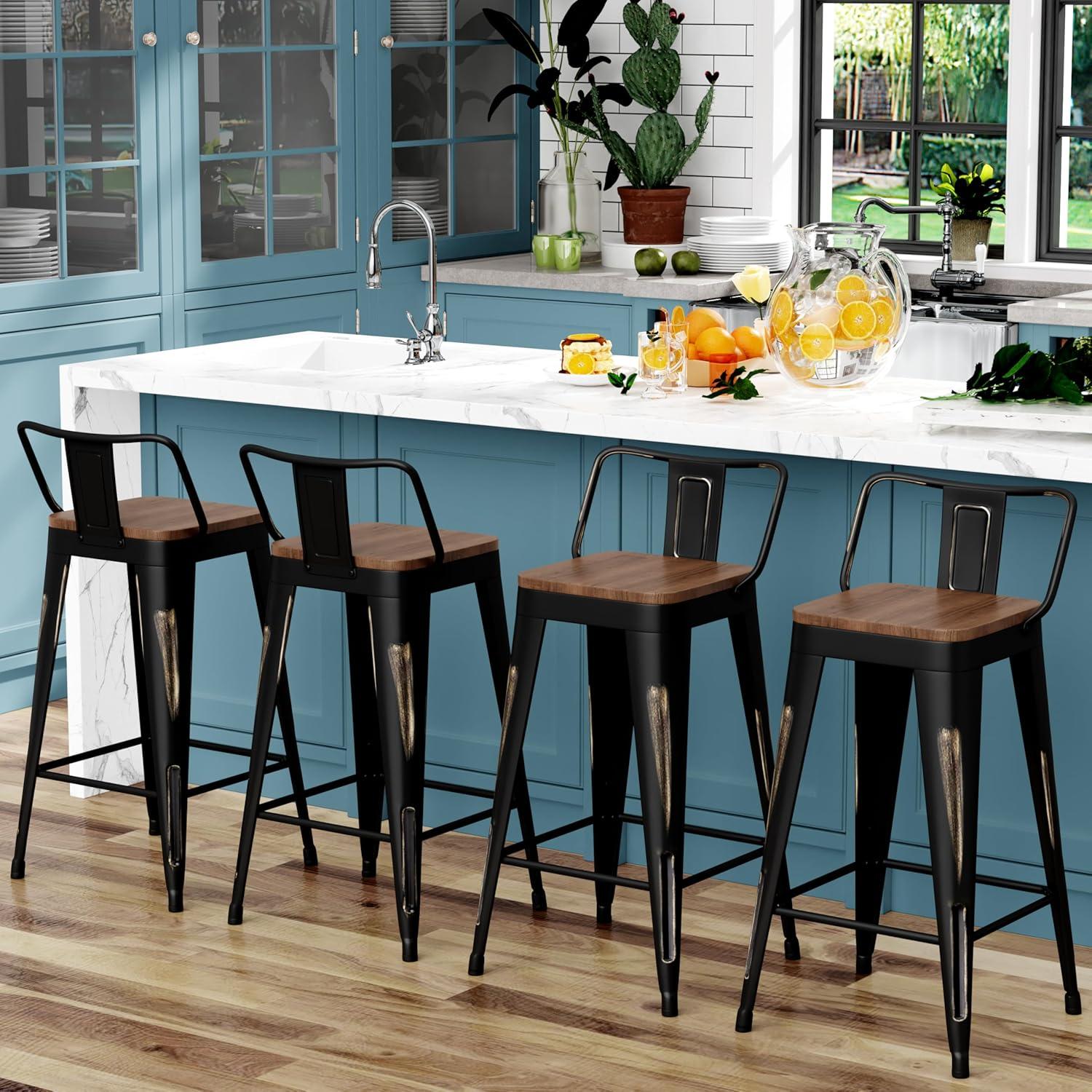 Bar Stools Set of 4 Metal Bar Stool Counter Height Bar Stools 26" Black Modern Bar Chairs with Back and Wooden Seat Bar Stools Counter Height