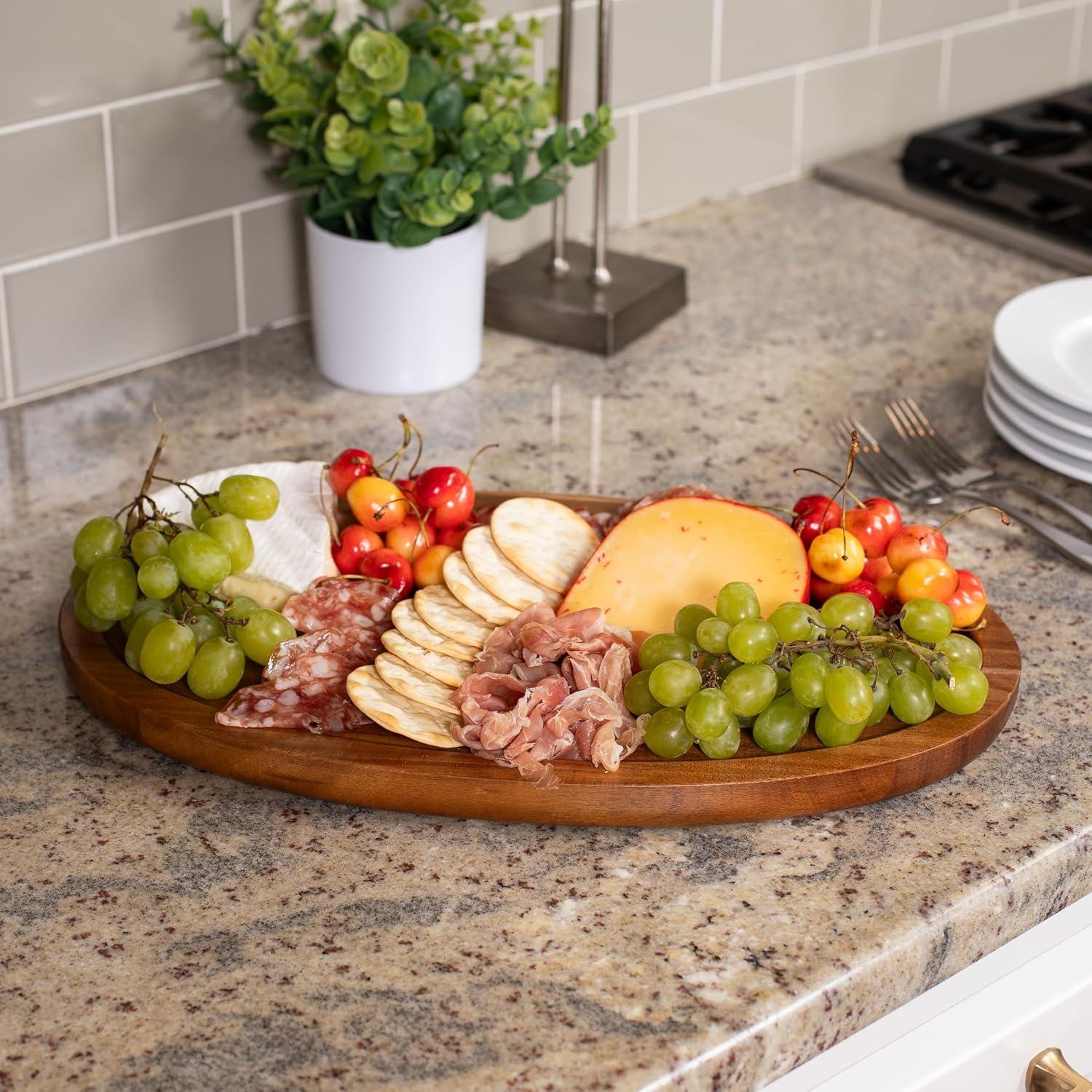 BIRDROCK HOME Acacia Wooden Cheese Serving Board with Handle - Charcuterie, Appetizers, Kitchen Platter, Grazing Board, Pizza, Meat, Bread, Cutting, Party, Food Display Tray - Espresso, 16.5", Oval