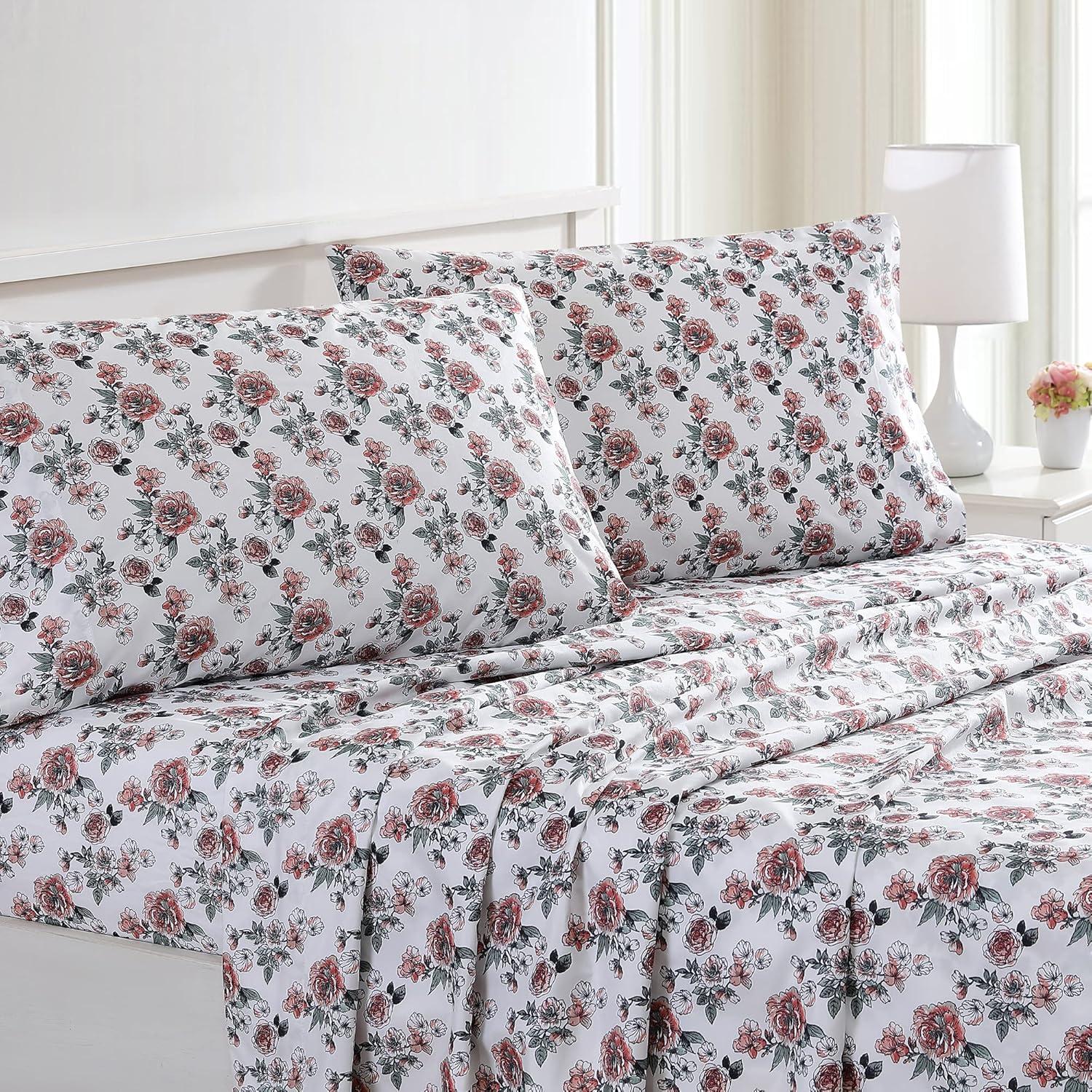 Queen Rose Bloom Print Microfiber Deep Pocket Sheet Set