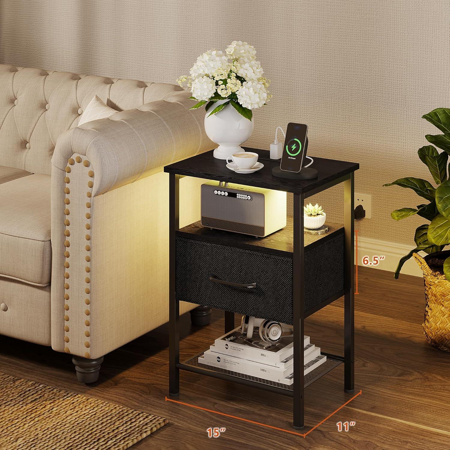 End Table with Charging Station, Narrow Side Table with 2 Fabric Drawers, Skinny Nightstand with LED Light, Slim Bedside Table for Bedroom, Living Room, Small Spaces, White