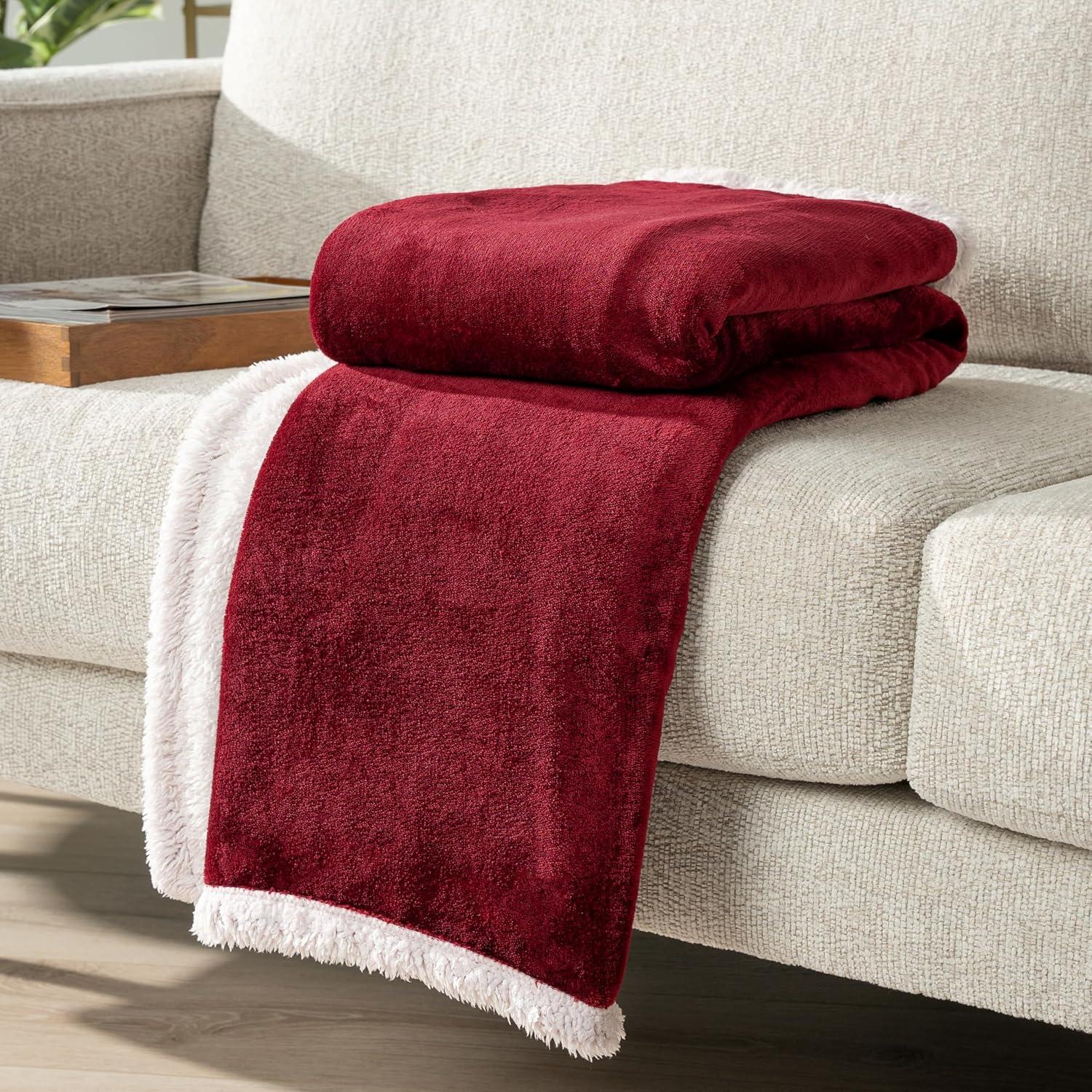 PAVILIA Plush Sherpa Fleece Throw Blanket Burgundy Red | Soft, Warm, Fuzzy Wine Maroon Throw for Couch Sofa | Solid Reversible Cozy Microfiber Fluffy Blanket, 50x60