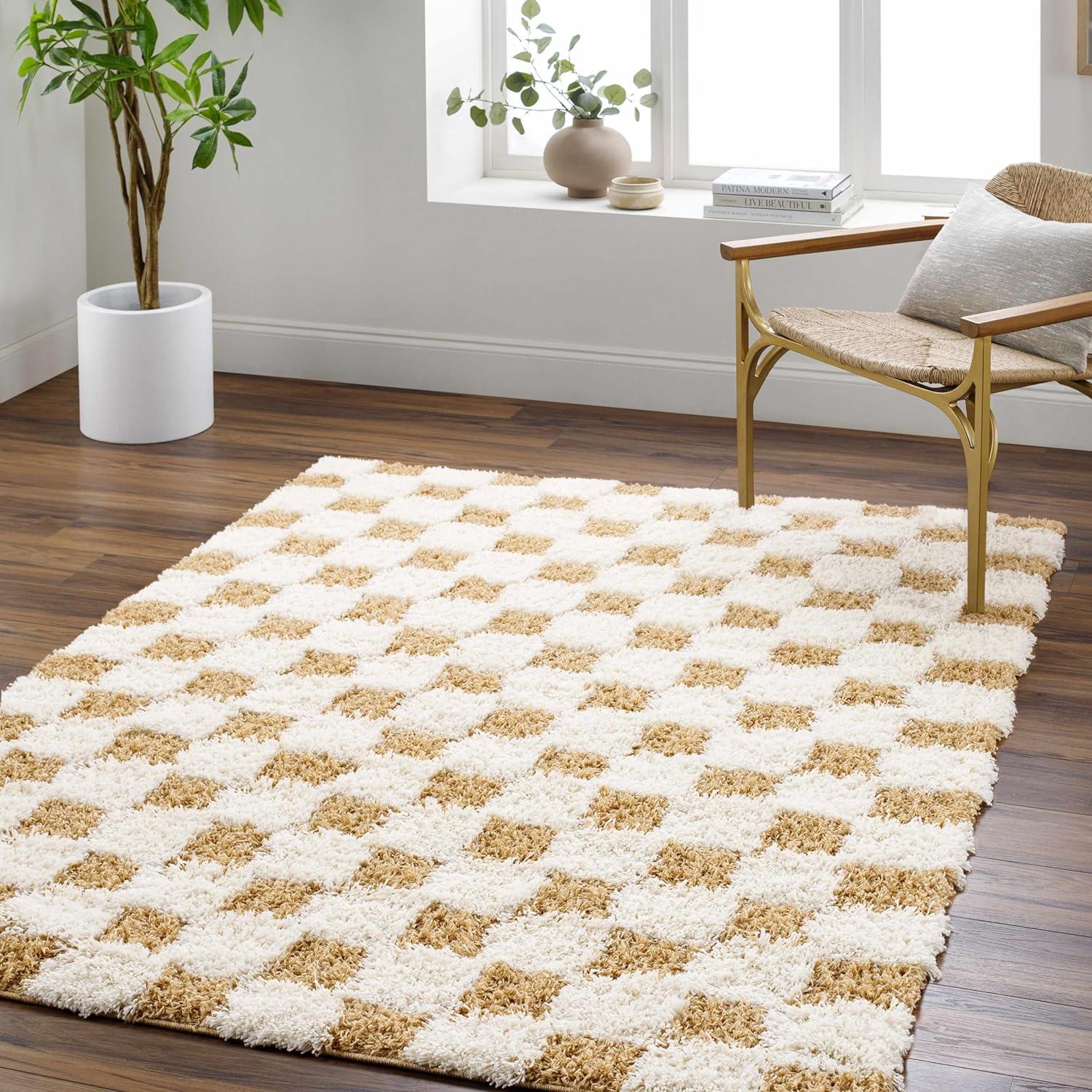 BoutiqueRugs Atira Modern Checkered Shag Area Rug - High Pile Fluffy Shag Rug for Kids Room, Nursery, Living Room, Bedroom - Yellow, Cream, White, Mustard - 5'3" x 7'3" (5x7 Area Rug)