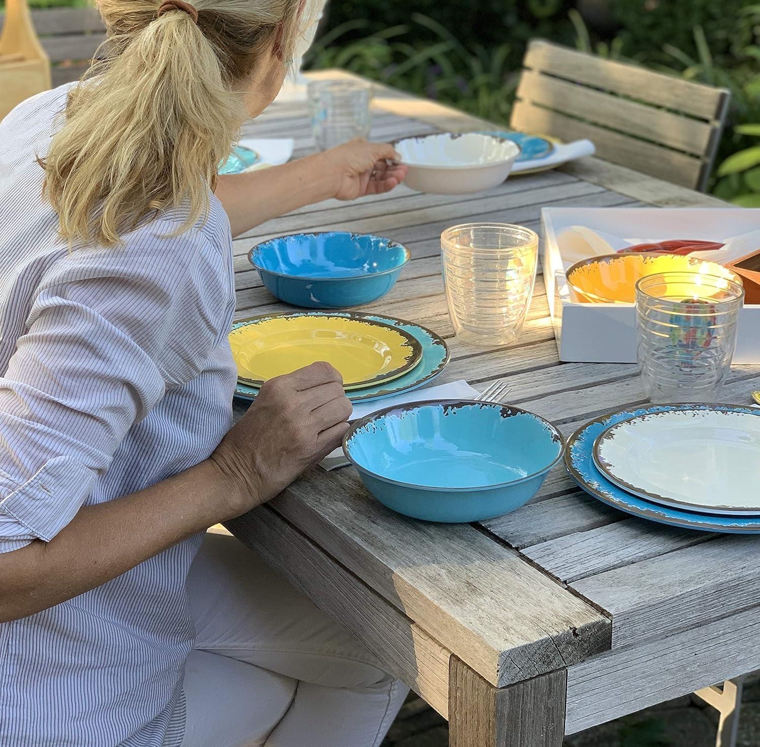 Fox Run Melamine Dinnerware Set, Off White, Dandelion Yellow, Sky Blue and Cornflower Blue, Set of 12