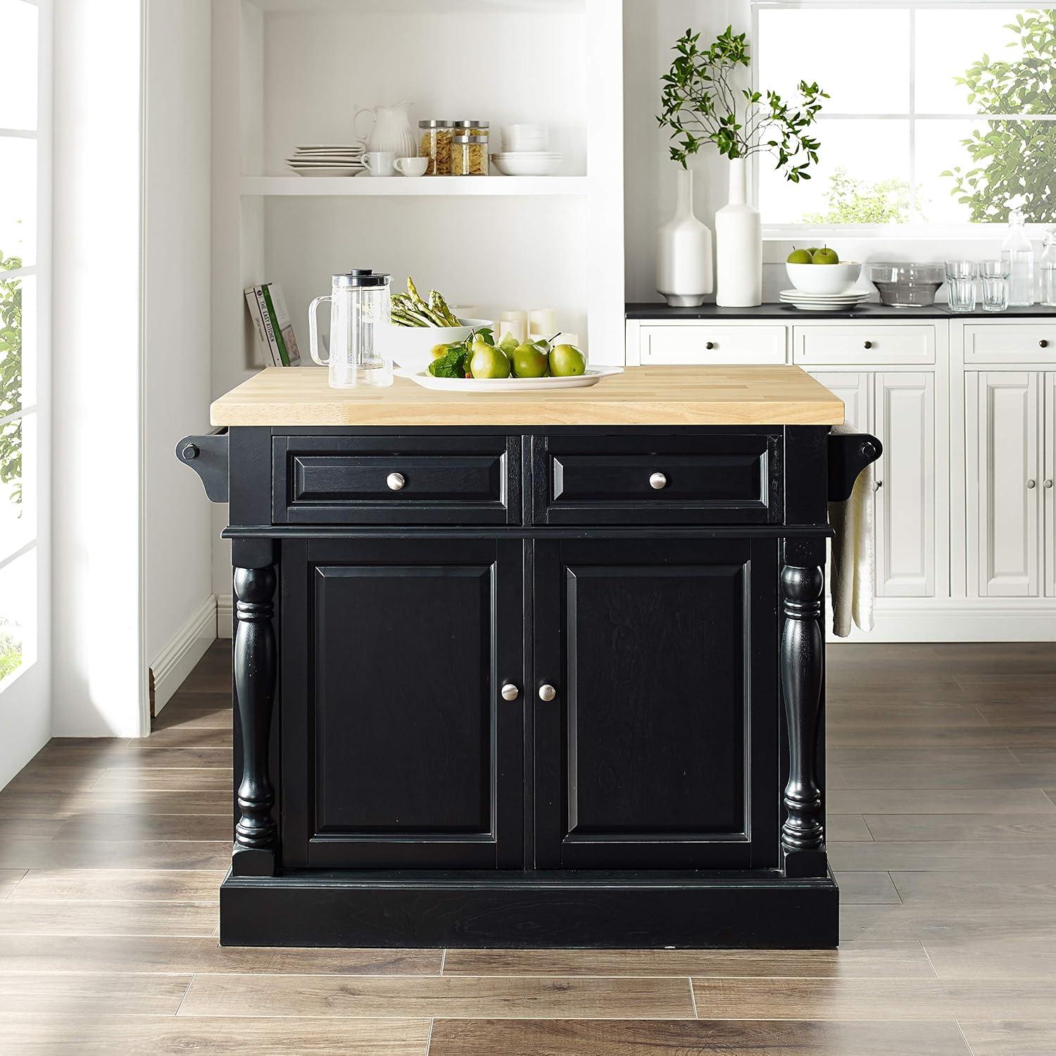 Oxford Butcher Block Kitchen Island Black - Crosley: Rolling Cart with Storage, Adjustable Shelves, Towel Bar