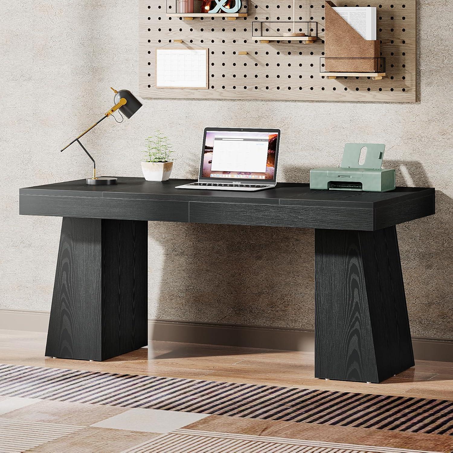 Moronia 55.1 in. Rectangle Black Wood Executive Desk with Double Trapezoid Base, Computer Desk Business Workstation Desk