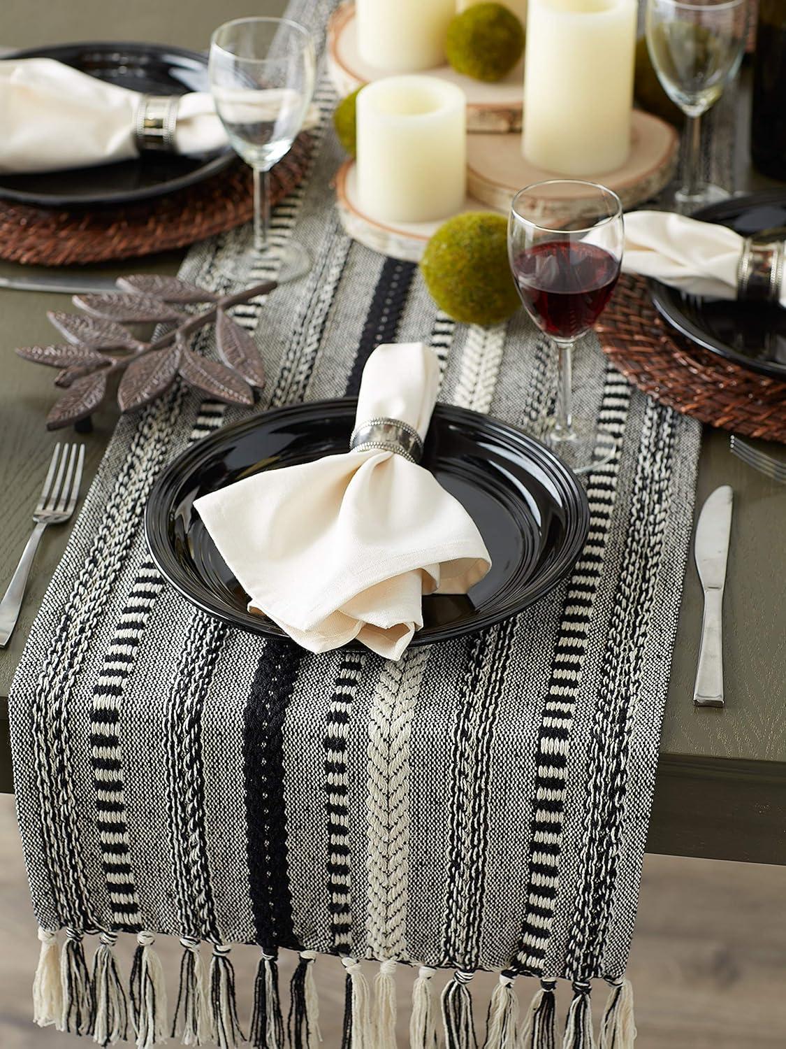 DII 15x72" Modern Cotton Braided Stripe Table Runner in Black/White