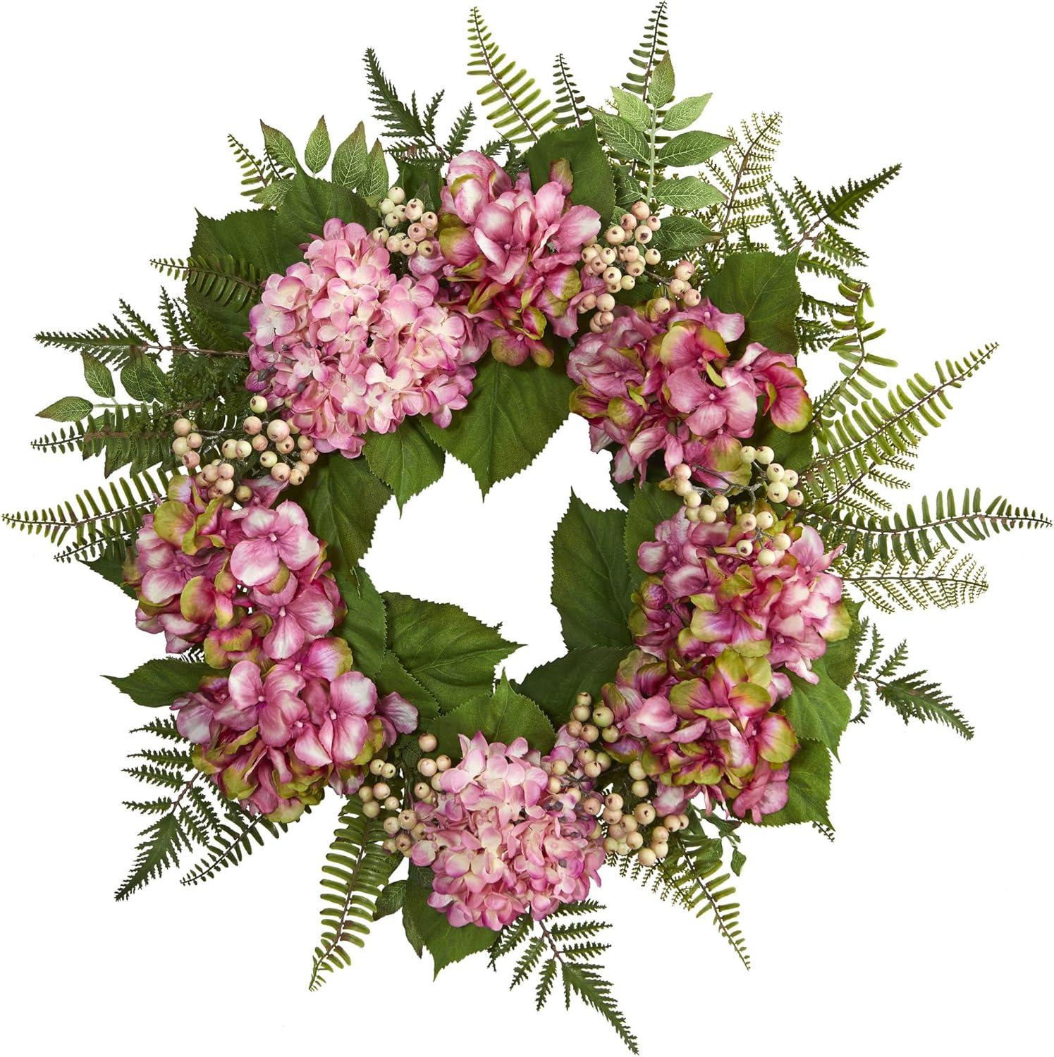 24" Pink Hydrangea & Berry Artificial Front Door Wreath