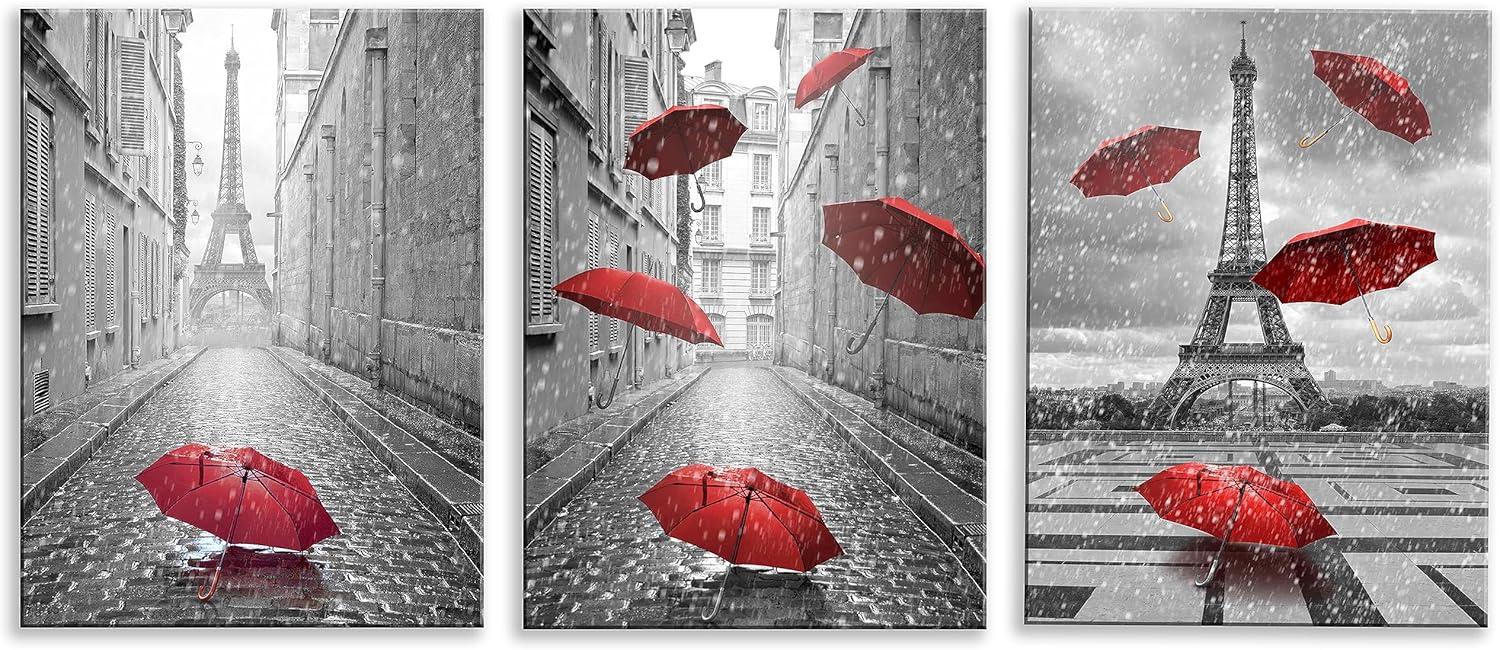 Paris Black and White Canvas with Red Umbrellas