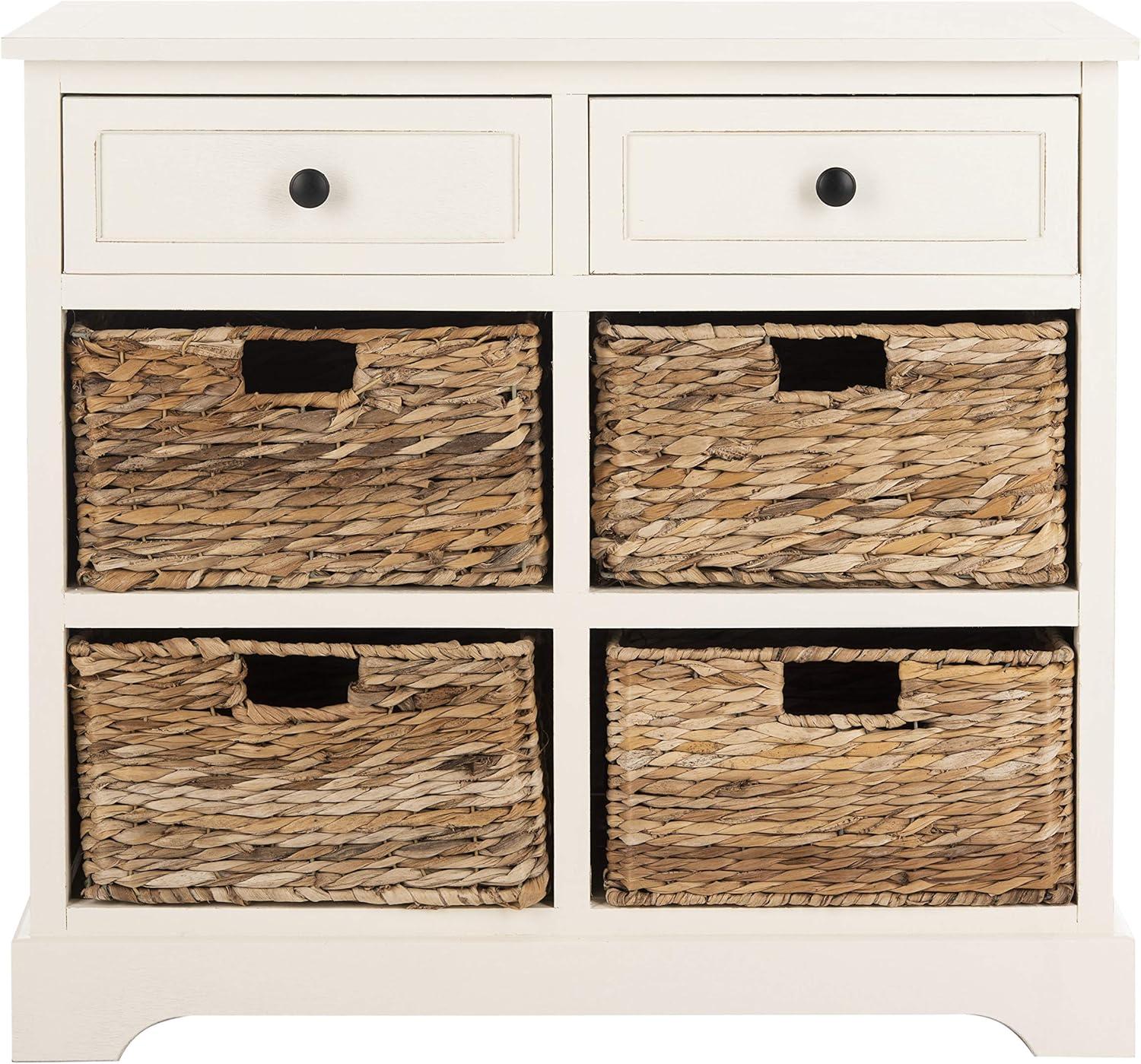 Distressed Cream Pine 6-Drawer Storage Unit with Wicker Baskets