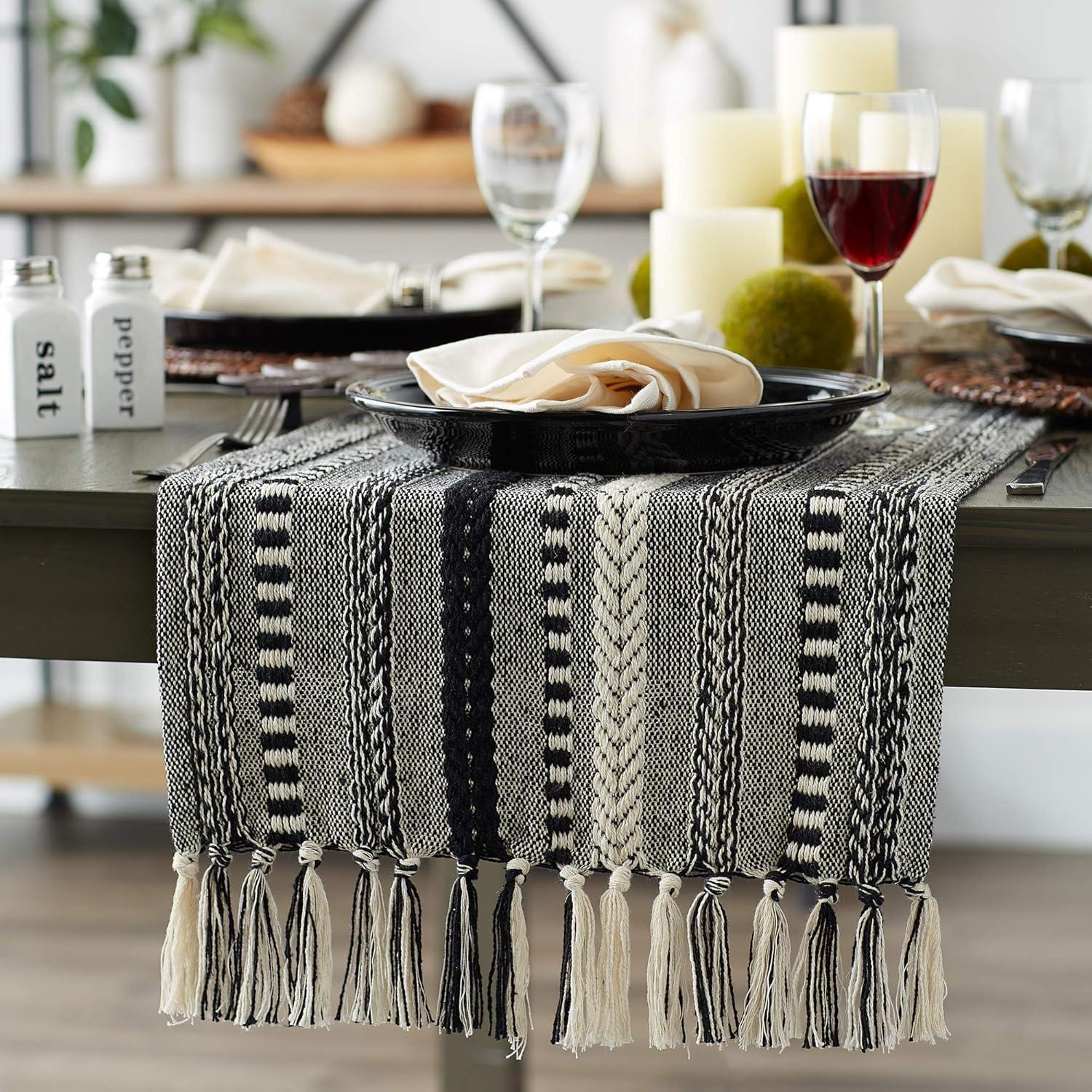 Design Imports  Braided Stripe Jacquard Fringe Table Runner, 15X108", Black