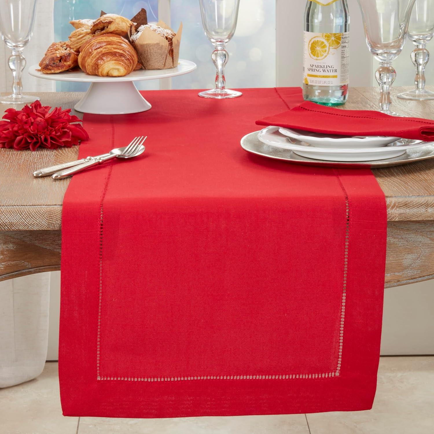 Saro Lifestyle Classic Hemstitch Border Table Runner, Red, 16"x 54"
