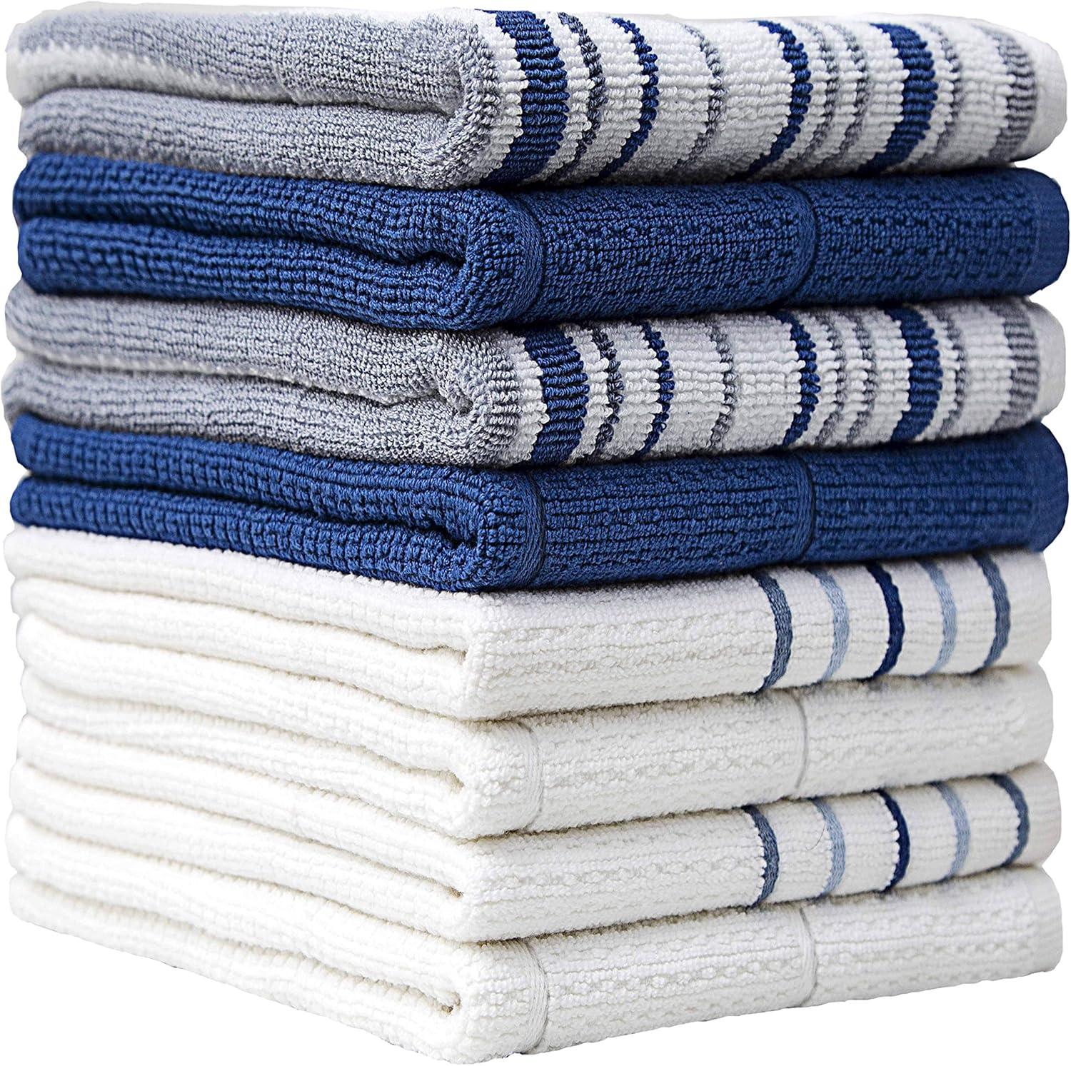 Bumble Towels Premium Kitchen Towels (16”x 28”, 8 Piece) Cotton Kitchen Hand Towels Striped 420 GSM Blue