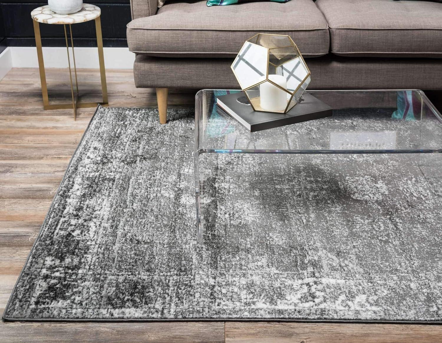 Dark Gray Floral Motif Synthetic Area Rug