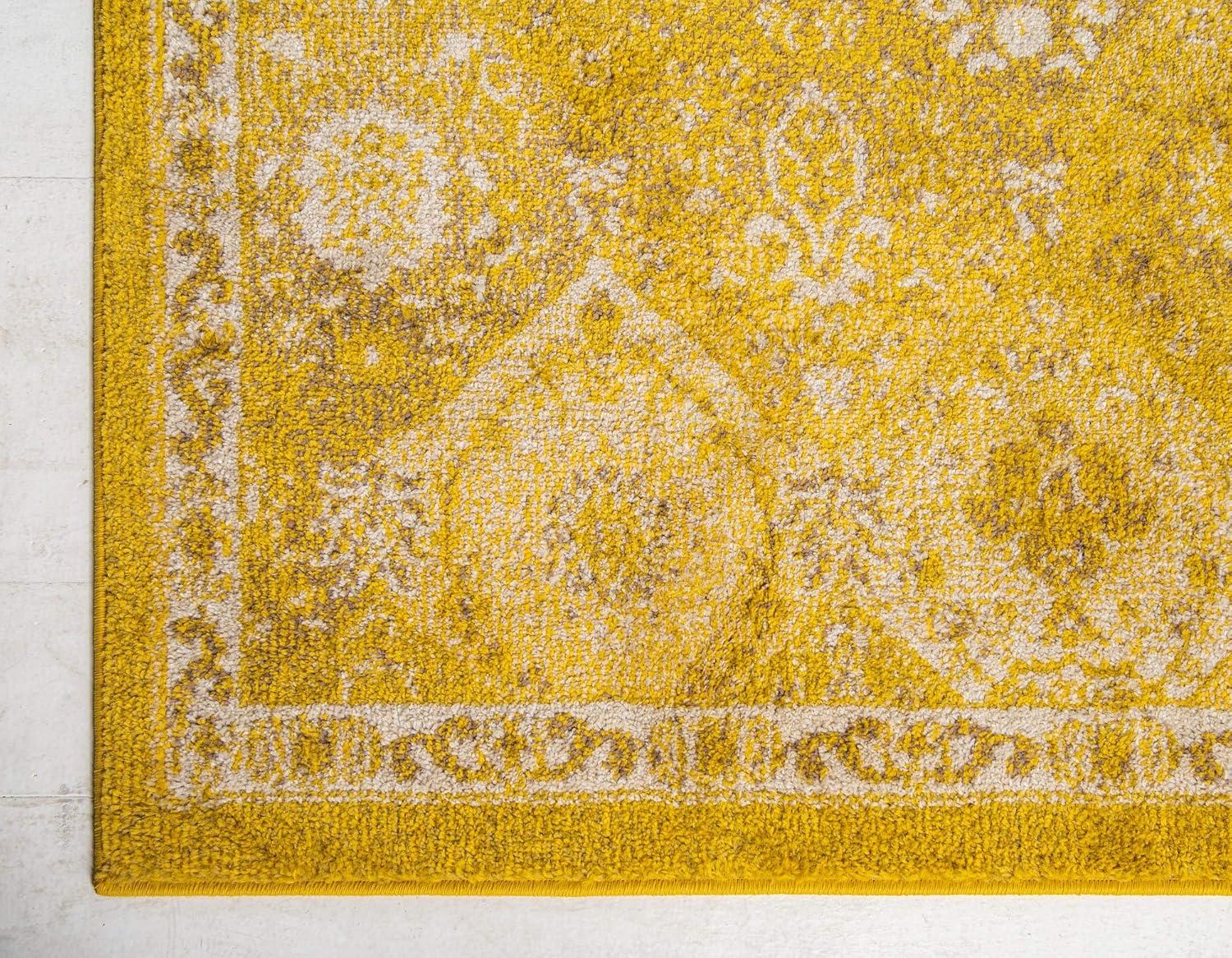 Yellow and Beige Geometric Rectangular Synthetic Rug