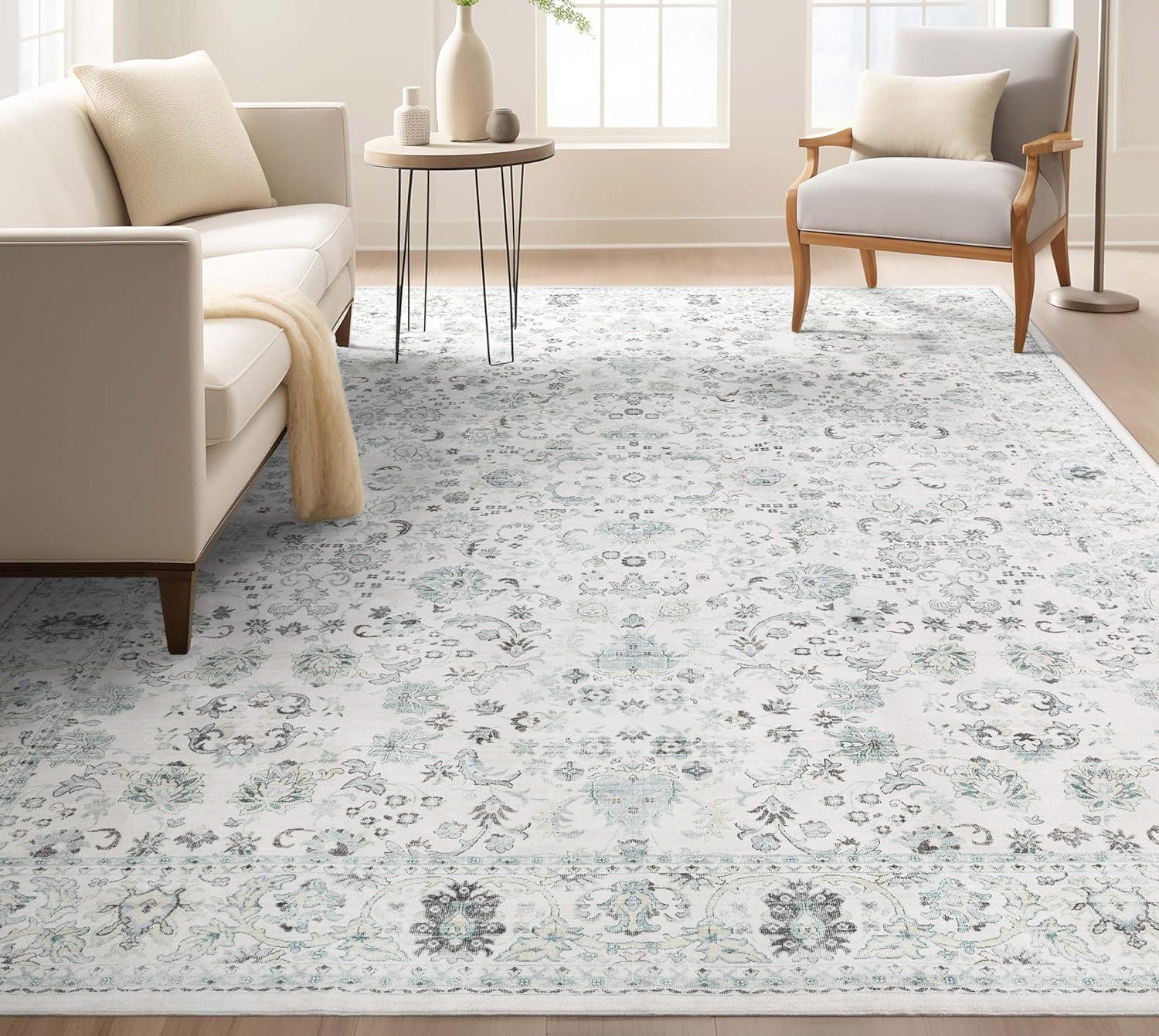 Ivory and Blue Silk Oriental 9' x 12' Washable Rug