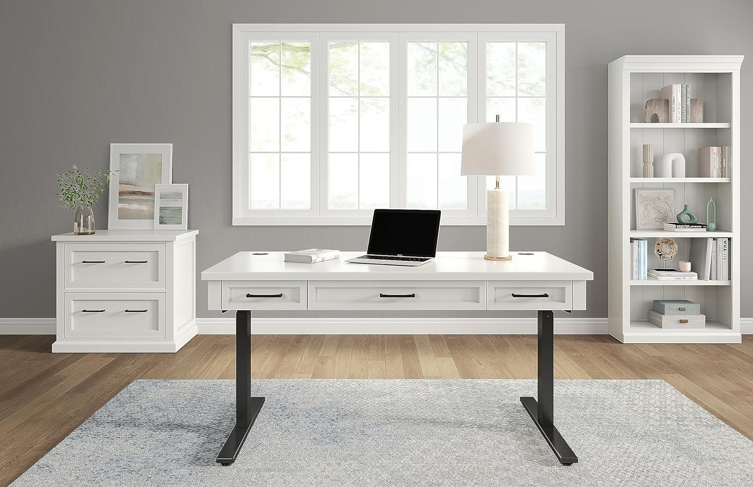 White Adjustable Height Wood Desk with Drawer and Power Outlet