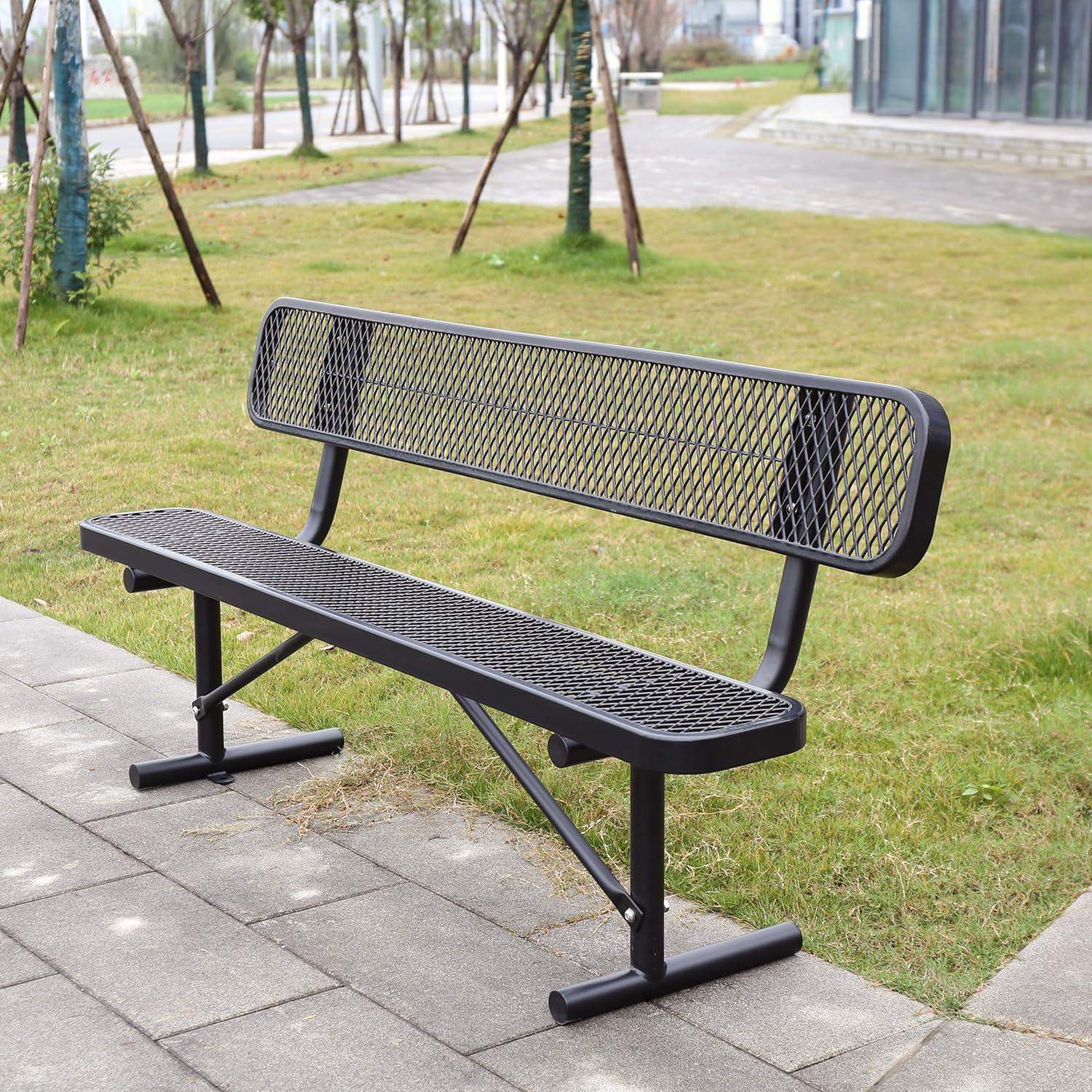 72'' Black Steel Outdoor Bench with Mesh Backrest