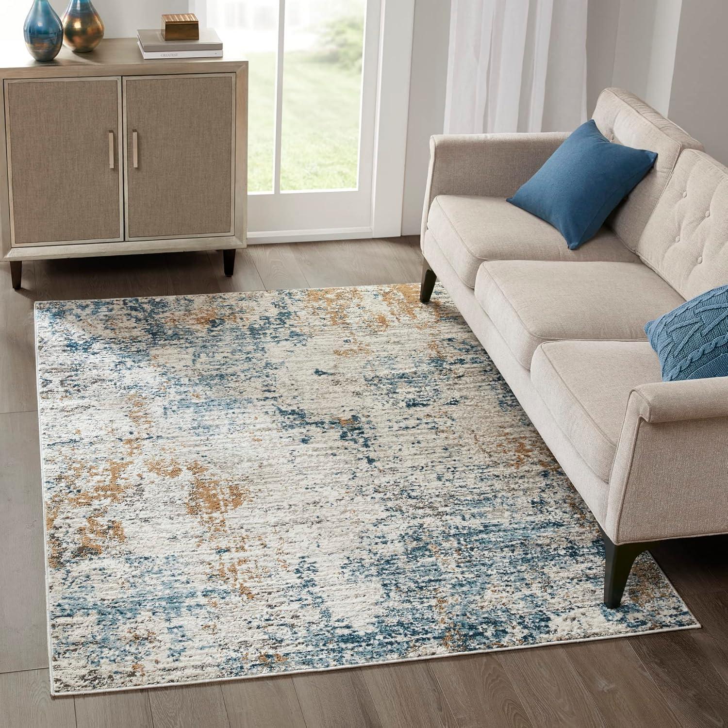 Blue Abstract 5' x 7' Stain-Resistant Synthetic Area Rug