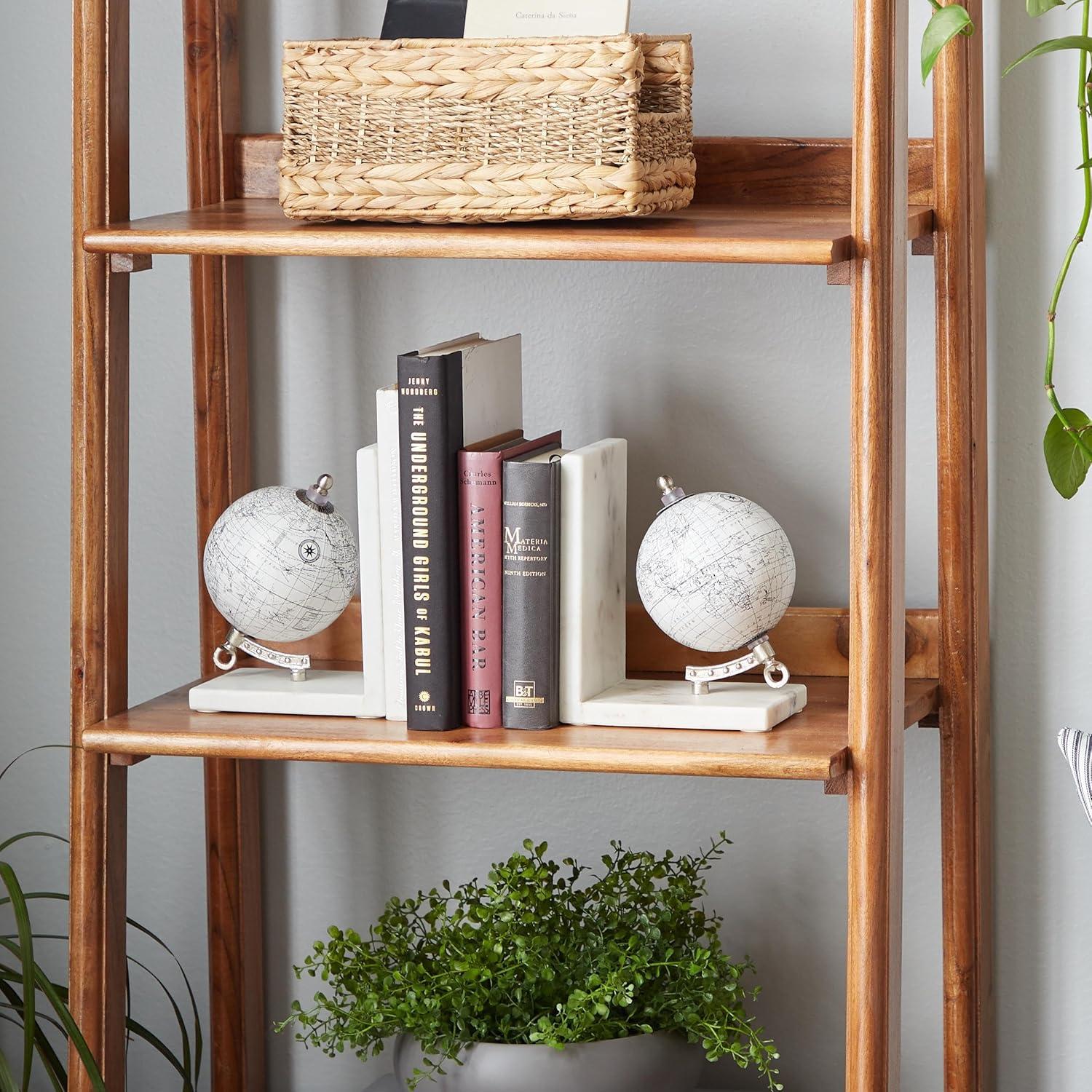 White Marble Globe Bookends with Silver Metal Accents, Set of 2