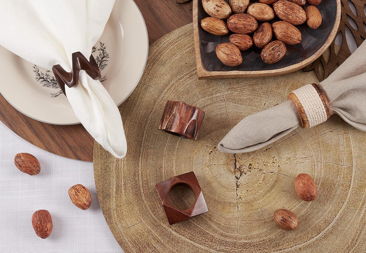 Natural Mango Wood W Design Napkin Rings Set of 4