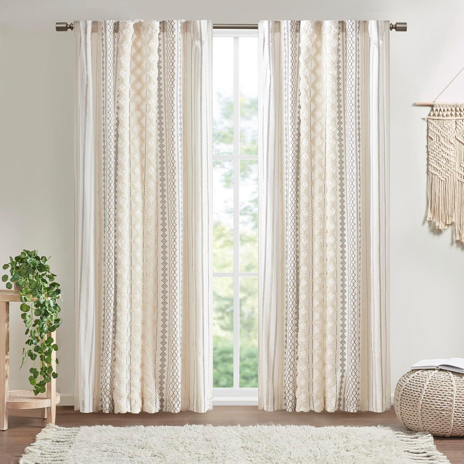 INK+IVY Imani Cotton Printed Curtain Panel with Chenille Stripe and Lining, Ivory, 50x95"