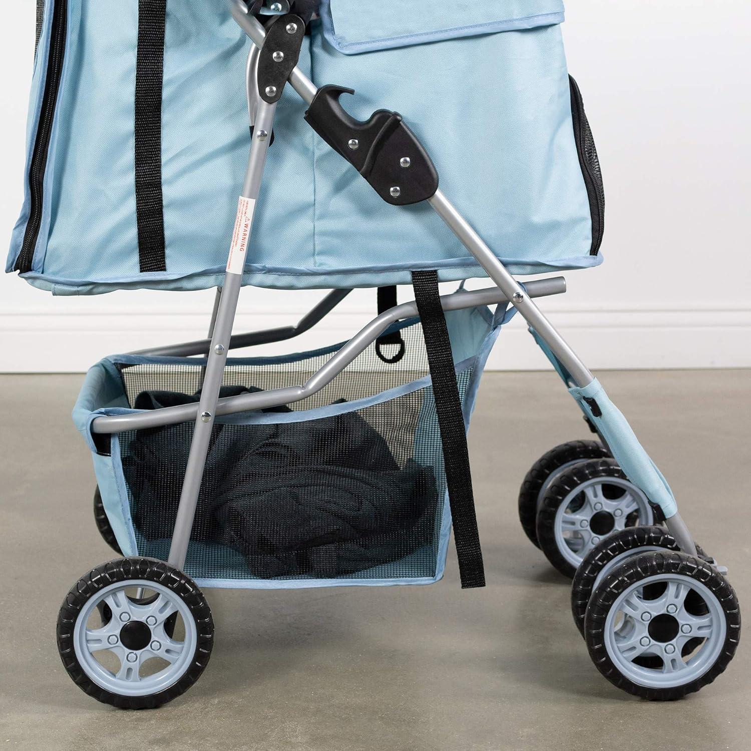 Blue Foldable Four-Wheel Pet Stroller with Mesh Windows